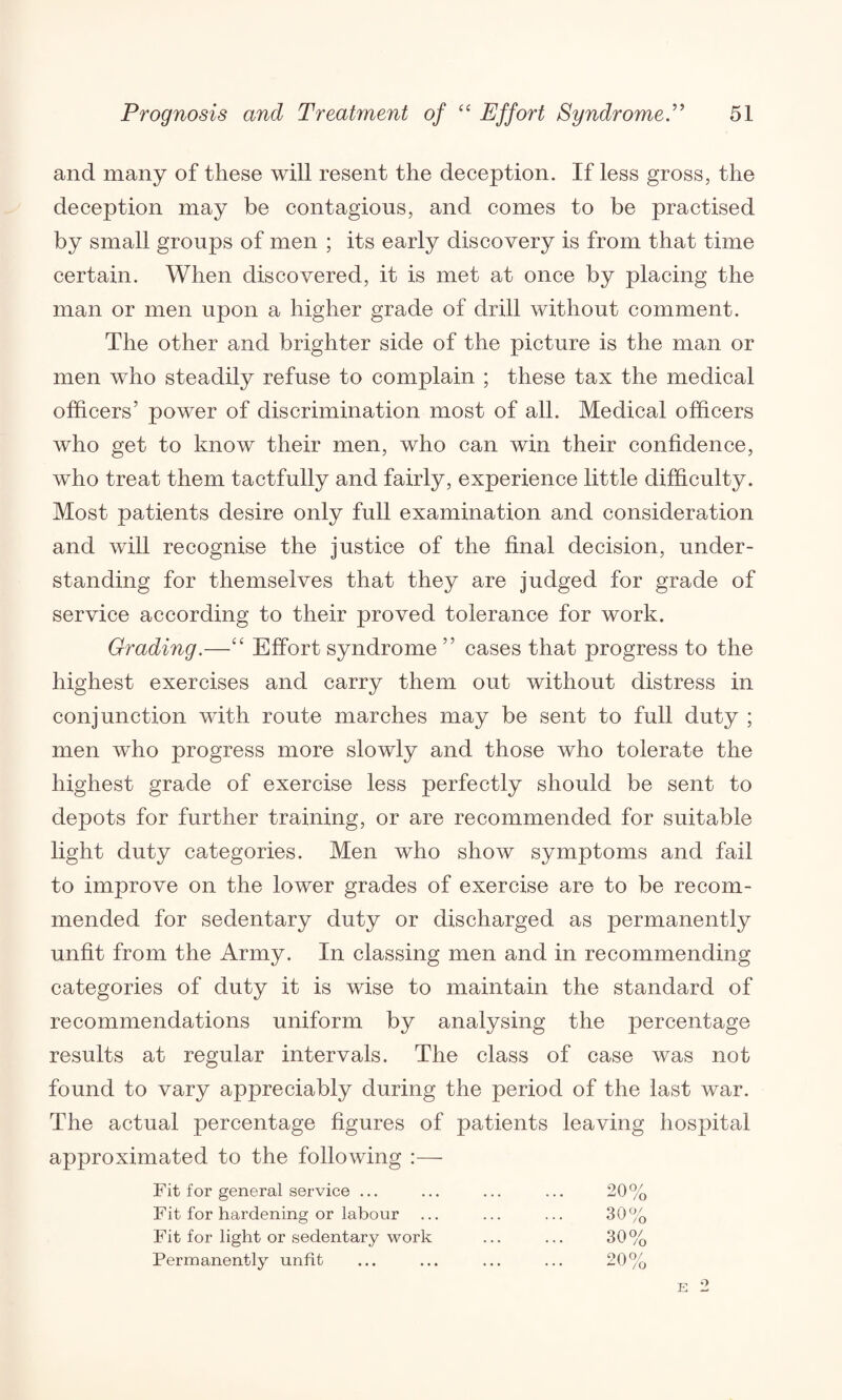 and many of these will resent the deception. If less gross, the deception may be contagious, and comes to be practised by small groups of men ; its early discovery is from that time certain. When discovered, it is met at once by placing the man or men upon a higher grade of drill without comment. The other and brighter side of the picture is the man or men who steadily refuse to complain ; these tax the medical officers’ power of discrimination most of all. Medical officers who get to know their men, who can win their confidence, who treat them tactfully and fairly, experience little difficulty. Most patients desire only full examination and consideration and will recognise the justice of the final decision, under¬ standing for themselves that they are judged for grade of service according to their proved tolerance for work. Grading.—“ Effort syndrome ” cases that progress to the highest exercises and carry them out without distress in conjunction with route marches may be sent to full duty ; men who progress more slowly and those who tolerate the highest grade of exercise less perfectly should be sent to depots for further training, or are recommended for suitable light duty categories. Men who show symptoms and fail to improve on the lower grades of exercise are to be recom¬ mended for sedentary duty or discharged as permanently unfit from the Army. In classing men and in recommending categories of duty it is wise to maintain the standard of recommendations uniform by analysing the percentage results at regular intervals. The class of case was not found to vary appreciably during the period of the last war. The actual percentage figures of patients leaving hospital approximated to the following :— Fit for general service ... Fit for hardening or labour Fit for light or sedentary work Permanently unfit 20% 30% 30% 90°/ /o