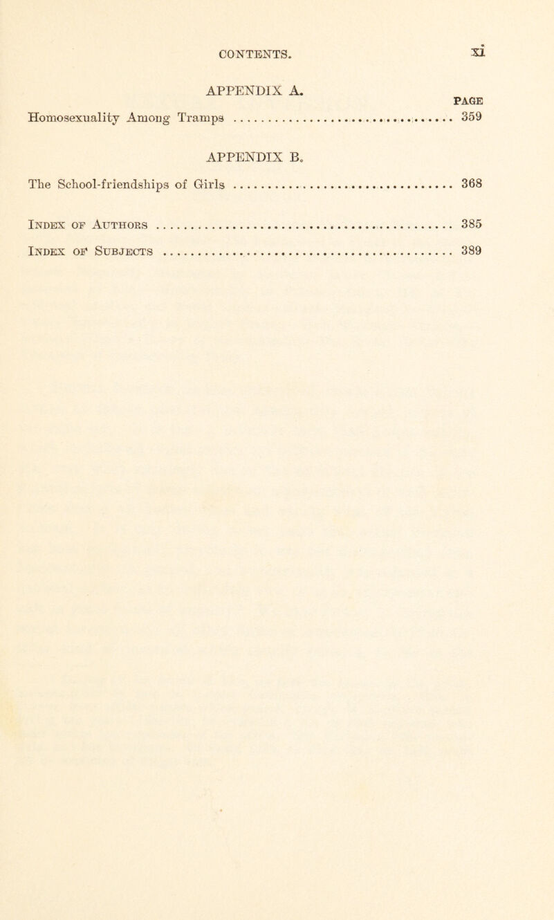 si APPENDIX A. PAGE Homosexuality Among Tramps .... 359 APPENDIX Bo The School-friendships of Girls ... 368 Index of Authors ... 385 Index of Subjects . 389