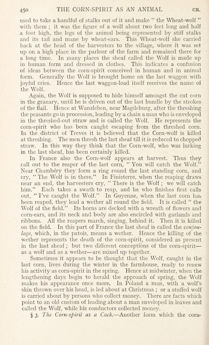 used to take a handful of stalks out of it and make “ the Wheat-wolf  with them ; it was the figure of a wolf about two feet long and half a foot high, the legs of the animal being represented by stiff stalks and its tail and mane by wheat-ears. This Wheat-wolf she carried back at the head of the harvesters to the village, where it was set up on a high place in the parlour of the farm and remained there for a long time. In many places the sheaf called the Wolf is made up in human form and dressed in clothes. This indicates a confusion of ideas between the corn-spirit conceived in human and in animal form. Generally the Wolf is brought home on the last waggon with joyful cries. Hence the last waggon-load itself receives the name of the Wolf. Again, the Wolf is supposed to hide himself amongst the cut corn in the granary, until he is driven out of the last bundle by the strokes of the flail. Hence at Wanzleben, near Magdeburg, after the threshing the peasants go in procession, leading by a chain a man who is enveloped in the threshed-out straw and is called the Wolf. He represents the corn-spirit who has been caught escaping from the threshed corn. In the district of Treves it is believed that the Corn-wolf is killed at threshing. The men thresh the last sheaf till it is reduced to chopped straw. In this way they think that the Corn-wolf, who was lurking in the last sheaf, has been certainly killed. In France also the Corn-wolf appears at harvest. Thus they call out to the reaper of the last corn, “ You will catch the Wolf. Near Chambery they form a ring round the last standing corn, and cry, ” The Wolf is in there.” In Finisterre, when the reaping draws near an end, the harvesters cry, “ There is the Wolf ; we will catch him. Each takes a swath to reap, and he who finishes first calls out, “ Eve caught the Wolf. In Guyenne, when the last corn has been reaped, they lead a wether all round the field. It is called  the Wolf of the field. Its horns are decked with a wreath of flowers and corn-ears, and its neck and body are also encircled with garlands and ribbons. All the reapers march, singing, behind it. Then it is killed on the field. In this part of France the last sheaf is called the coujou- lage, which, in the patois, means a wether. Hence the killing of the wether represents the death of the corn-spirit, considered as present in the last sheaf ; but two different conceptions of the corn-spirit— as a wolf and as a wether—are mixed up together. Sometimes it appears to be thought that the Wolf, caught in the last corn, lives during the winter in the farmhouse, ready to renew his activity as corn-spirit in the spring. Hence at midwinter, when the lengthening days begin to herald the approach of spring, the Wolf makes his appearance once more. In Poland a man, with a wolf's skin thrown over his head, is led about at Christmas ; or a stuffed wolf is carried about by persons who collect money. There are facts which point to an old custom of leading about a man enveloped in leaves and called the Wolf, while his conductors collected money. § 3. The Corn-spirit as a Cock.—Another form which the coni-