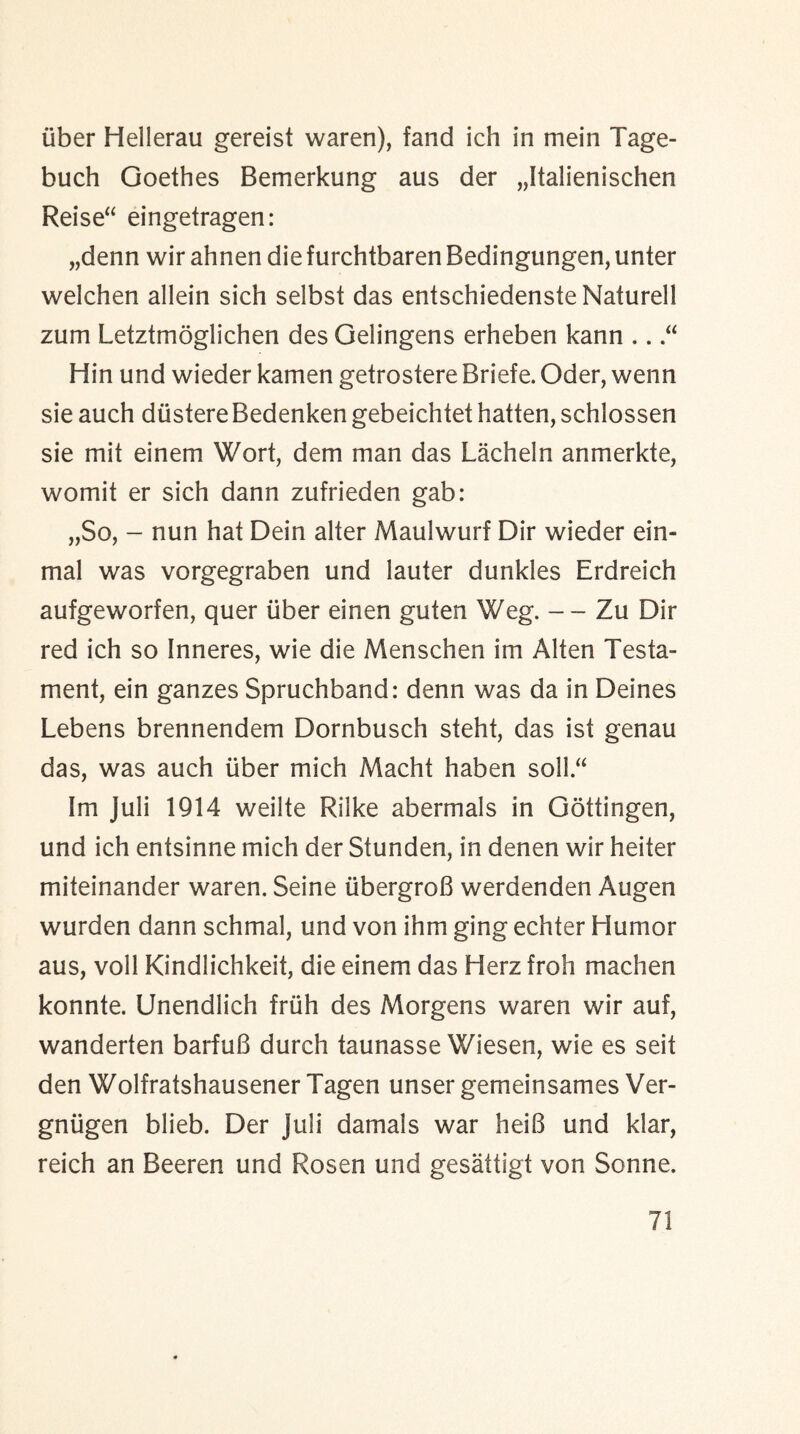 iiber Hellerau gereist waren), fand ich in mein Tage- buch Goethes Bemerkung aus der „Italienischen Reise“ eingetragen: „denn wir ahnen die furchtbaren Bedingungen, unter welchen allein sich selbst das entschiedenste Naturell zum Letztmoglichen des Gelingens erheben kann .. Hin und wieder kamen getrostere Briefe. Oder, wenn sie auch diistereBedenken gebeichtet batten, schlossen sie mit einem Wort, dem man das Lacheln anmerkte, womit er sich dann zufrieden gab: „So, - nun hat Dein alter Maulwurf Dir wieder ein- mal was vorgegraben und lauter dunkles Erdreich aufgeworfen, quer liber einen guten Weg. — Zu Dir red ich so Inneres, wie die Menschen im Alten Testa¬ ment, ein ganzes Spruchband: denn was da in Deines Lebens brennendem Dornbusch steht, das ist genau das, was auch liber mich Macht haben soll.“ Im Juli 1914 weilte Rilke abermals in Gottingen, und ich entsinne mich der Stunden, in denen wir heiter miteinander waren. Seine IibergroB werdenden Augen wurden dann schmal, und von ihm ging echter Humor aus, voll Kindlichkeit, die einem das Herz froh machen konnte. Unendlich frlih des Morgens waren wir auf, wanderten barfuB durch taunasse Wiesen, wie es seit den Wolfratshausener Tagen unser gemeinsames Ver- gnligen blieb. Der Juli damals war heiB und klar, reich an Beeren und Rosen und gesattigt von Sonne.