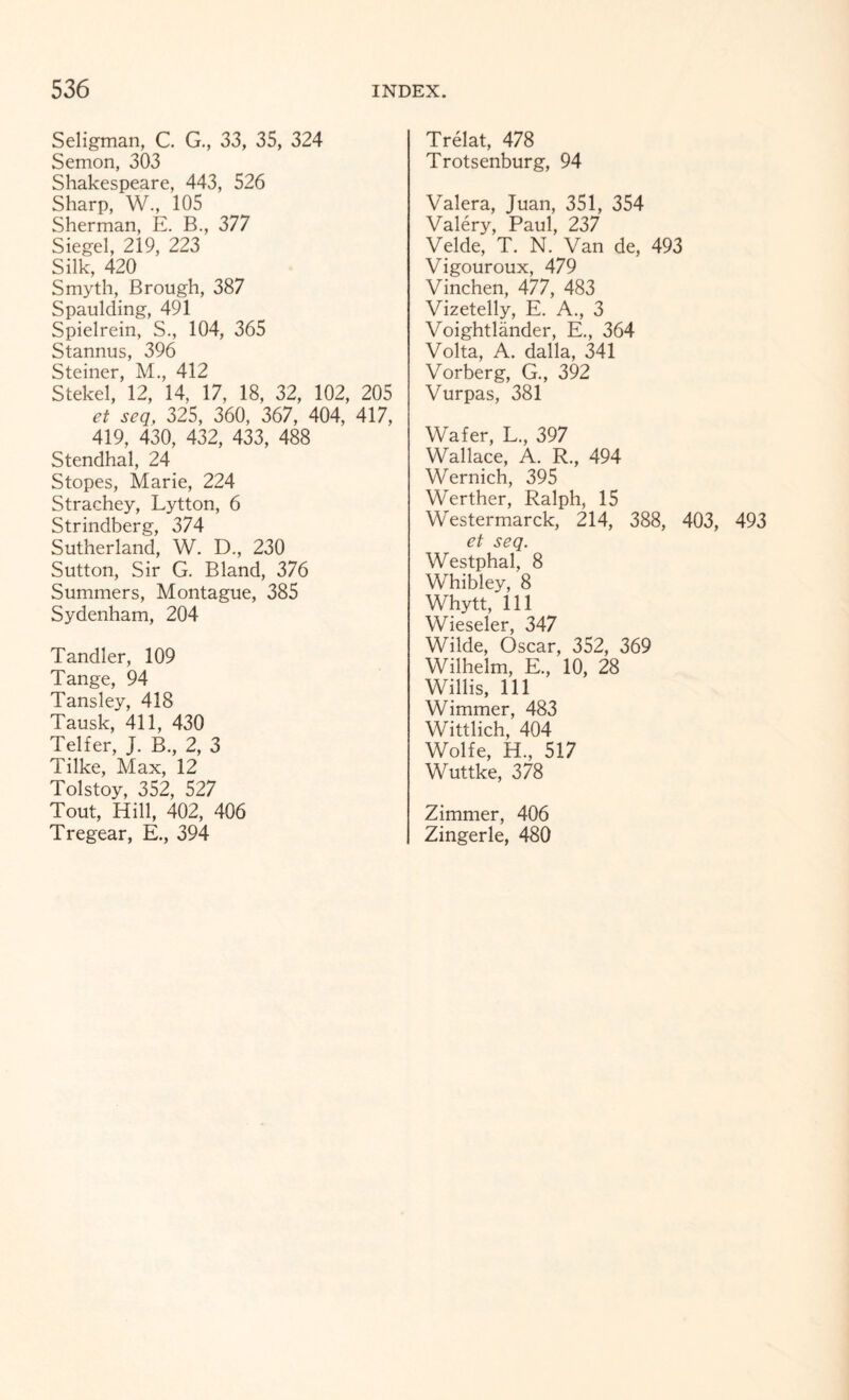 Seligman, C. G., 33, 35, 324 Semon, 303 Shakespeare, 443, 526 Sharp, W., 105 Sherman, E. B., 377 Siegel, 219, 223 Silk, 420 Smyth, Brough, 387 Spaulding, 491 Spielrein, S., 104, 365 Stannus, 396 Steiner, M., 412 Stekel, 12, 14, 17, 18, 32, 102, 205 et seq, 325, 360, 367, 404, 417, 419, 430, 432, 433, 488 Stendhal, 24 Stopes, Marie, 224 Strachey, Lytton, 6 Strindberg, 374 Sutherland, W. D., 230 Sutton, Sir G. Bland, 376 Summers, Montague, 385 Sydenham, 204 Tandler, 109 Tange, 94 Tansley, 418 Tausk, 411, 430 Telfer, J. B, 2, 3 Tilke, Max, 12 Tolstoy, 352, 527 Tout, Hill, 402, 406 Tregear, E., 394 Trelat, 478 Trotsenburg, 94 Valera, Juan, 351, 354 Valery, Paul, 237 Velde, T. N. Van de, 493 Vigouroux, 479 Vinchen, 477, 483 Vizetelly, E. A., 3 Voightlander, E., 364 Volta, A. dalla, 341 Vorberg, G., 392 Vurpas, 381 Wafer, L., 397 Wallace, A. R., 494 Wernich, 395 Werther, Ralph, 15 Westermarck, 214, 388, 403, 493 et seq. Westphal, 8 Whibley, 8 Whytt, 111 Wieseler, 347 Wilde, Oscar, 352, 369 Wilhelm, E, 10, 28 Willis, 111 Wimmer, 483 Wittlich, 404 Wolfe, H, 517 Wuttke, 378 Zimmer, 406 Zingerle, 480