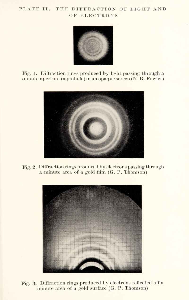 PLATE II. THE DIFFRACTION OF LIGHT AND OF ELECTRONS Fig. 1. Diffraction rings produced by light passing through a minute aperture (a pinhole) in an opaque screen (N. R. Fowler) Fig. 2. Diffraction rings produced by electrons passing through a minute area of a gold film (G. P. Thomson) Fig. 3. Diffraction rings produced by electrons reflected off a minute area of a gold surface (G. P. Thomson)