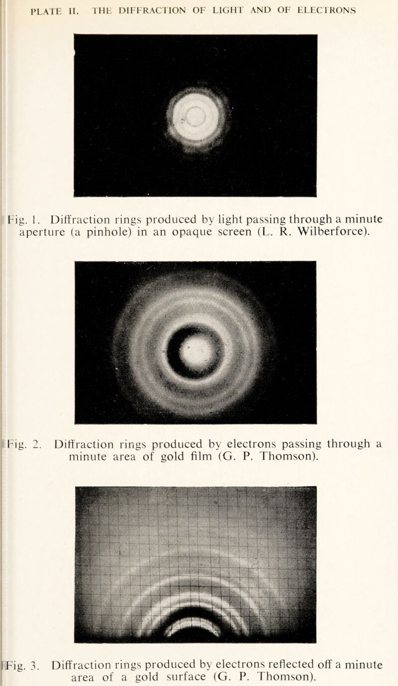 &: rn PLATE II. THE DIFFRACTION OF LIGHT AND OF ELECTRONS r ' . 1. Diffraction rings produced by light passing through a minute perture (a pinhole) in an opaque screen (L. R. Wilberforce). Fig. 2. Diffraction rings produced by electrons passing through a minute area of gold film (G. P. Thomson). |Tig. 3. Diffraction rings produced by electrons reflected off a minute area of a gold surface (G. P. Thomson).