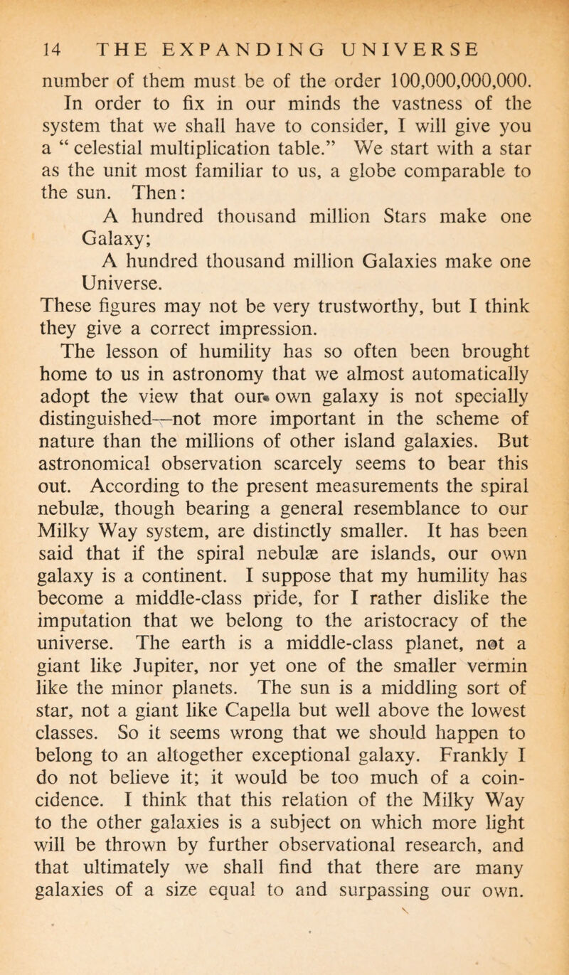 number of them must be of the order 100,000,000,000. In order to fix in our minds the vastness of the system that we shall have to consider, I will give you a “ celestial multiplication table.” We start with a star as the unit most familiar to us, a globe comparable to the sun. Then: A hundred thousand million Stars make one Galaxy; A hundred thousand million Galaxies make one Universe. These figures may not be very trustworthy, but I think they give a correct impression. The lesson of humility has so often been brought home to us in astronomy that we almost automatically adopt the view that our* own galaxy is not specially distinguished—not more important in the scheme of nature than the millions of other island galaxies. But astronomical observation scarcely seems to bear this out. According to the present measurements the spiral nebulae, though bearing a general resemblance to our Milky Way system, are distinctly smaller. It has been said that if the spiral nebulae are islands, our own galaxy is a continent. I suppose that my humility has become a middle-class pride, for I rather dislike the imputation that we belong to the aristocracy of the universe. The earth is a middle-class planet, not a giant like Jupiter, nor yet one of the smaller vermin like the minor planets. The sun is a middling sort of star, not a giant like Capella but well above the lowest classes. So it seems wrong that we should happen to belong to an altogether exceptional galaxy. Frankly I do not believe it; it would be too much of a coin¬ cidence. I think that this relation of the Milky Way to the other galaxies is a subject on which more light will be thrown by further observational research, and that ultimately we shall find that there are many galaxies of a size equal to and surpassing our own.