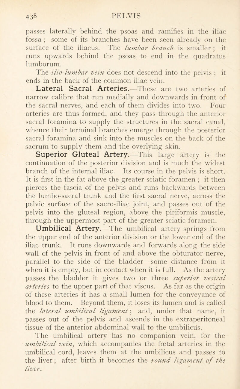 passes laterally behind the psoas and ramifies in the iliac fossa ; some of its branches have been seen already on the surface of the iliacus. The lumbar branch is smaller ; it runs upwards behind the psoas to end in the quadratus lumborum. The ilio-lumbar vein does not descend into the pelvis ; it ends in the back of the common iliac vein. Lateral Sacral Arteries.—These are two arteries of narrow calibre that run medially and downwards in front of the sacral nerves, and each of them divides into two. Four arteries are thus formed, and they pass through the anterior sacral foramina to supply the structures in the sacral canal, whence their terminal branches emerge through the posterior sacral foramina and sink into the muscles on the back of the sacrum to supply them and the overlying skin. Superior Gluteal Artery.—This large artery is the continuation of the posterior division and is much the widest branch of the internal iliac. Its course in the pelvis is short. It is first in the fat above the greater sciatic foramen ; it then pierces the fascia of the pelvis and runs backwards between the lumbo-sacral trunk and the first sacral nerve, across the pelvic surface of the sacro-iliac joint, and passes out of the pelvis into the gluteal region, above the piriformis muscle, through the uppermost part of the greater sciatic foramen. Umbilical Artery.—-The umbilical artery springs from the upper end of the anterior division or the lower end of the iliac trunk. It runs downwards and forwards along the side wall of the pelvis in front of and above the obturator nerve, parallel to the side of the bladder—some distance from it when it is empty, but in contact when it is full. As the artery passes the bladder it gives two or three superior vesical arteries to the upper part of that viscus. As far as the origin of these arteries it has a small lumen for the conveyance of blood to them. Beyond them, it loses its lumen and is called the lateral umbilical ligament; and, under that name, it passes out of the pelvis and ascends in the extraperitoneal tissue of the anterior abdominal wall to the umbilicus. The umbilical artery has no companion vein, for the umbilical vein, which accompanies the foetal arteries in the umbilical cord, leaves them at the umbilicus and passes to the liver; after birth it becomes the round ligament of the liver.