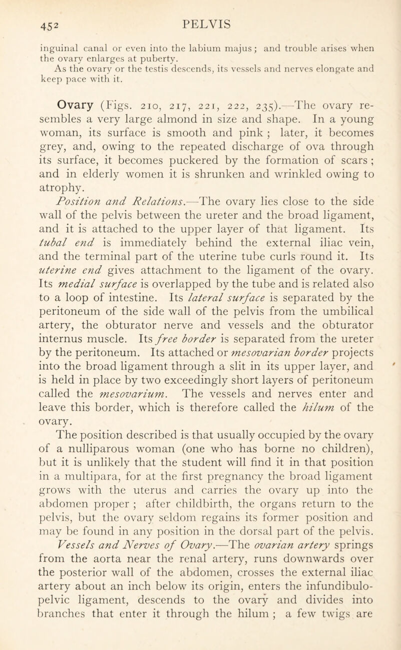 inguinal canal or even into the labium majus; and trouble arises when the ovary enlarges at puberty. As the ovary or the testis descends, its vessels and nerves elongate and keep pace with it. Ovary (Figs. 210, 217, 221, 222, 235).—The ovary re¬ sembles a very large almond in size and shape. In a young woman, its surface is smooth and pink ; later, it becomes grey, and, owing to the repeated discharge of ova through its surface, it becomes puckered by the formation of scars ; and in elderly women it is shrunken and wrinkled owing to atrophy. Position and Relations.—The ovary lies close to the side wall of the pelvis between the ureter and the broad ligament, and it is attached to the upper layer of that ligament. Its tubal end is immediately behind the external iliac vein, and the terminal part of the uterine tube curls round it. Its uterine end gives attachment to the ligament of the ovary. Its medial surface is overlapped by the tube and is related also to a loop of intestine. Its lateral surface is separated by the peritoneum of the side wall of the pelvis from the umbilical artery, the obturator nerve and vessels and the obturator internus muscle. Its free border is separated from the ureter by the peritoneum. Its attached or mesovarian border projects into the broad ligament through a slit in its upper layer, and is held in place by two exceedingly short layers of peritoneum called the mesovarium. The vessels and nerves enter and leave this border, which is therefore called the hilum of the ovary. The position described is that usually occupied by the ovary of a nulliparous woman (one who has borne no children), but it is unlikely that the student will find it in that position in a multipara, for at the first pregnancy the broad ligament grows with the uterus and carries the ovary up into the abdomen proper ; after childbirth, the organs return to the pelvis, but the ovary seldom regains its former position and may be found in any position in the dorsal part of the pelvis. Vessels and Nerves of Ovary.—The ovarian artery springs from the aorta near the renal artery, runs downwards over the posterior wall of the abdomen, crosses the external iliac artery about an inch below its origin, enters the infundibulo- pelvic ligament, descends to the ovary and divides into branches that enter it through the hilum ; a few twigs are