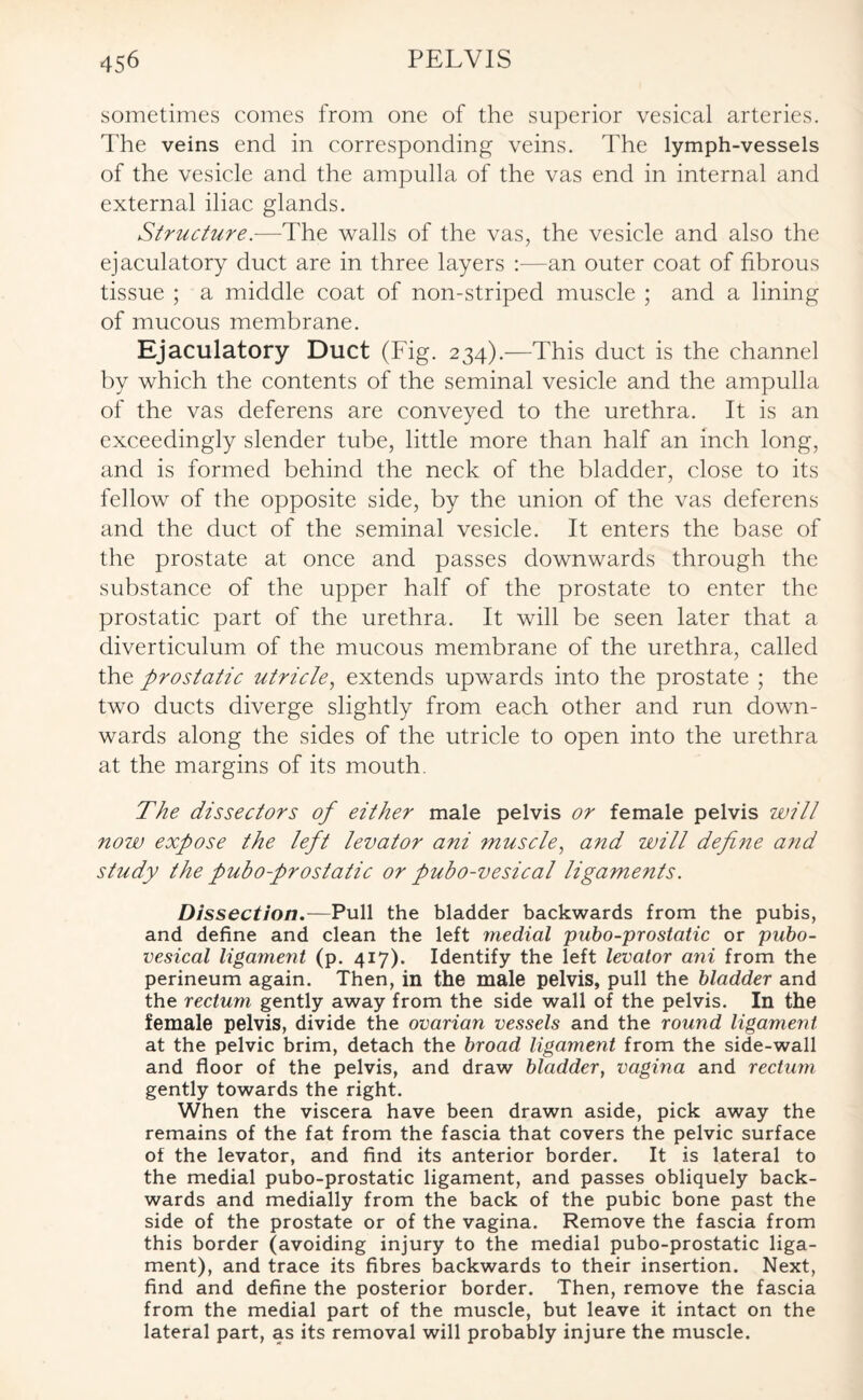 sometimes comes from one of the superior vesical arteries. The veins end in corresponding veins. The lymph-vessels of the vesicle and the ampulla of the vas end in internal and external iliac glands. Structure.—The walls of the vas, the vesicle and also the ejaculatory duct are in three layers :—an outer coat of fibrous tissue ; a middle coat of non-striped muscle ; and a lining of mucous membrane. Ejaculatory Duct (Fig. 234).—This duct is the channel by which the contents of the seminal vesicle and the ampulla of the vas deferens are conveyed to the urethra. It is an exceedingly slender tube, little more than half an inch long, and is formed behind the neck of the bladder, close to its fellow of the opposite side, by the union of the vas deferens and the duct of the seminal vesicle. It enters the base of the prostate at once and passes downwards through the substance of the upper half of the prostate to enter the prostatic part of the urethra. It will be seen later that a diverticulum of the mucous membrane of the urethra, called the prostatic utricle, extends upwards into the prostate ; the two ducts diverge slightly from each other and run down¬ wards along the sides of the utricle to open into the urethra at the margins of its mouth. The dissectors of either male pelvis or female pelvis will now expose the left levator ani ?nuscle, and will define and study the puho-frostatic or pubo-vesical ligaments. Dissection.—Pull the bladder backwards from the pubis, and define and clean the left medial pubo-prostatic or pubo¬ vesical ligament (p. 417). Identify the left levator ani from the perineum again. Then, in the male pelvis, pull the bladder and the rectum gently away from the side wall of the pelvis. In the female pelvis, divide the ovarian vessels and the round ligament at the pelvic brim, detach the broad ligament from the side-wall and floor of the pelvis, and draw bladder, vagina and rectum gently towards the right. When the viscera have been drawn aside, pick away the remains of the fat from the fascia that covers the pelvic surface of the levator, and find its anterior border. It is lateral to the medial pubo-prostatic ligament, and passes obliquely back¬ wards and medially from the back of the pubic bone past the side of the prostate or of the vagina. Remove the fascia from this border (avoiding injury to the medial pubo-prostatic liga¬ ment), and trace its fibres backwards to their insertion. Next, find and define the posterior border. Then, remove the fascia from the medial part of the muscle, but leave it intact on the lateral part, as its removal will probably injure the muscle.