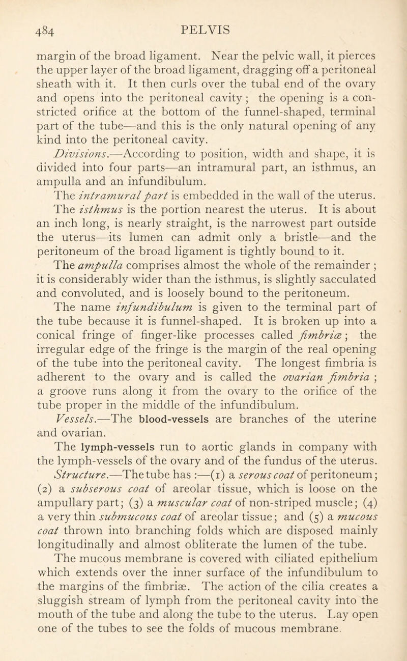 margin of the broad ligament. Near the pelvic wall, it pierces the upper layer of the broad ligament, dragging off a peritoneal sheath with it. It then curls over the tubal end of the ovary and opens into the peritoneal cavity; the opening is a con¬ stricted orifice at the bottom of the funnel-shaped, terminal part of the tube—and this is the only natural opening of any kind into the peritoneal cavity. Divisions.—According to position, width and shape, it is divided into four parts—an intramural part, an isthmus, an ampulla and an infundibulum. The intramural part is embedded in the wall of the uterus. The isthmus is the portion nearest the uterus. It is about an inch long, is nearly straight, is the narrowest part outside the uterus—its lumen can admit only a bristle—and the peritoneum of the broad ligament is tightly bound to it. The ampulla comprises almost the whole of the remainder ; it is considerably wider than the isthmus, is slightly sacculated and convoluted, and is loosely bound to the peritoneum. The name infundibulum is given to the terminal part of the tube because it is funnel-shaped. It is broken up into a conical fringe of finger-like processes called fimbria; the irregular edge of the fringe is the margin of the real opening of the tube into the peritoneal cavity. The longest fimbria is adherent to the ovary and is called the ovarian fimbria ; a groove runs along it from the ovary to the orifice of the tube proper in the middle of the infundibulum. Vessels.—The blood-vessels are branches of the uterine and ovarian. The lymph-vessels run to aortic glands in company with the lymph-vessels of the ovary and of the fundus of the uterus. Structure.—The tube has :—(1) a serous coat of peritoneum; (2) a subserous coat of areolar tissue, which is loose on the ampullary part; (3) a muscular coat of non-striped muscle; (4) a very thin submucous coat of areolar tissue; and (5) a mucous coat thrown into branching folds which are disposed mainly longitudinally and almost obliterate the lumen of the tube. The mucous membrane is covered with ciliated epithelium which extends over the inner surface of the infundibulum to the margins of the fimbriae. The action of the cilia creates a sluggish stream of lymph from the peritoneal cavity into the mouth of the tube and along the tube to the uterus. Lay open one of the tubes to see the folds of mucous membrane.
