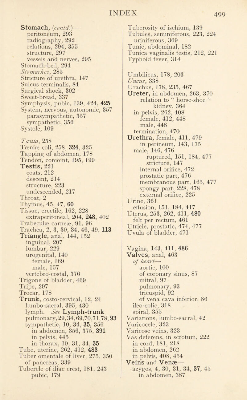 Stomach, (<contd.)—■ peritoneum, 293 radiography, 292 relations, 294, 355 structure, 297 vessels and nerves, 295 Stomach-bed, 294 Stomachos, 285 Stricture of urethra, 147 Sulcus terminalis, 84 Surgical shock, 302 Sweet-bread, 337 Symphysis, pubic, 139, 424, 425 System, nervous, autonomic, 357 parasympathetic, 357 sympathetic, 356 Systole, 109 Tcenia, 258 Taeniae coli, 258, 324, 325 Tapping of abdomen, 178 Tendon, conioint, 195, 199 Testis, 221 coats, 212 descent, 214 structure, 223 undescended, 217 Throat, 2 Thymus, 45, 47, 60 Tissue, erectile, 162, 228 extraperitoneal, 204, 248, 402 Trabeculae carneae, 91, 96 Trachea, 2, 3, 30, 34, 46, 49, 113 Triangle, anal, 144, 152 inguinal, 207 lumbar, 229 urogenital, 140 female, 169 male, 157 vertebro-costal, 376 Trigone of bladder, 469 Tripe, 297 Trocar, 178 Trunk, costo-cervical, 12, 24 lumbo-sacral, 395, 430 lymph. See Lymph-trunk pulmonary, 29,34,69,70,71,78, 93 sympathetic, 10, 34, 35, 356 in abdomen, 356, 375, 391 in pelvis, 445 in thorax, 10, 31, 34, 35 Tube, uterine, 262, 412, 483 Tuber omentale of liver, 275, 350 of pancreas, 339 Tubercle of iliac crest, 181, 243 pubic, 179 Tuberosity of ischium, 139 Tubules, seminiferous, 223, 224 uriniferous, 369 Tunic, abdominal, 182 Tunica vaginalis testis, 212, 221 Typhoid fever, 314 Umbilicus, 178, 203 Uncus, 338 Urachus, 178, 235, 467 Ureter, in abdomen, 263, 370 relation to “ horse-shoe ” kidney, 364 in pelvis, 262, 408 female, 412, 448 male, 448 termination, 470 Urethra, female, 411, 479 in perineum, 143, 175 male, 146, 476 ruptured, 151, 184, 477 stricture, 147 internal orifice, 472 prostatic part, 476 membranous part, 165, 477 spongy part, 228, 478 external orifice, 225 Urine, 361 effusion, 151, 184, 417 Uterus, 253, 262, 411, 480 felt per rectum, 461 Utricle, prostatic, 474, 477 Uvula of bladder, 471 Vagina, 143, 411, 486 Valves, anal, 463 of heart— aortic, 100 of coronary sinus, 87 mitral, 97 pulmonary, 93 tricuspid, 92 of vena cava inferior, 86 ileo-colic, 318 spiral, 355 Variations, lumbo-sacral, 42 Varicocele, 323 Varicose veins, 323 Vas deferens, in scrotum, 222 in cord, 181, 218 in abdomen, 262 in pelvis, 408, 454 Veins and Venae— azygos, 4, 30, 31, 34, 37, 45 in abdomen, 387