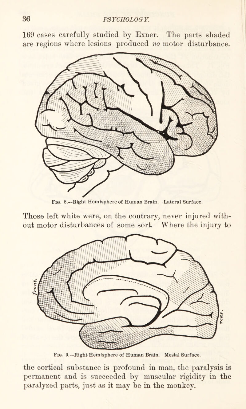 169 cases carefully studied by Exner. The parts shaded are regions where lesions produced no motor disturbance. Fig. 8.—Right Hemisphere of Human Brain. Lateral Surface. Those left white were, on the contrary, never injured with¬ out motor disturbances of some sort. Where the injury to Fig. 9.—Right Hemisphere of Human Brain. Mesial Surface. the cortical substance is profound in man, the paralysis is permanent and is succeeded by muscular rigidity in the paralyzed parts, just as it may be in the monkey.