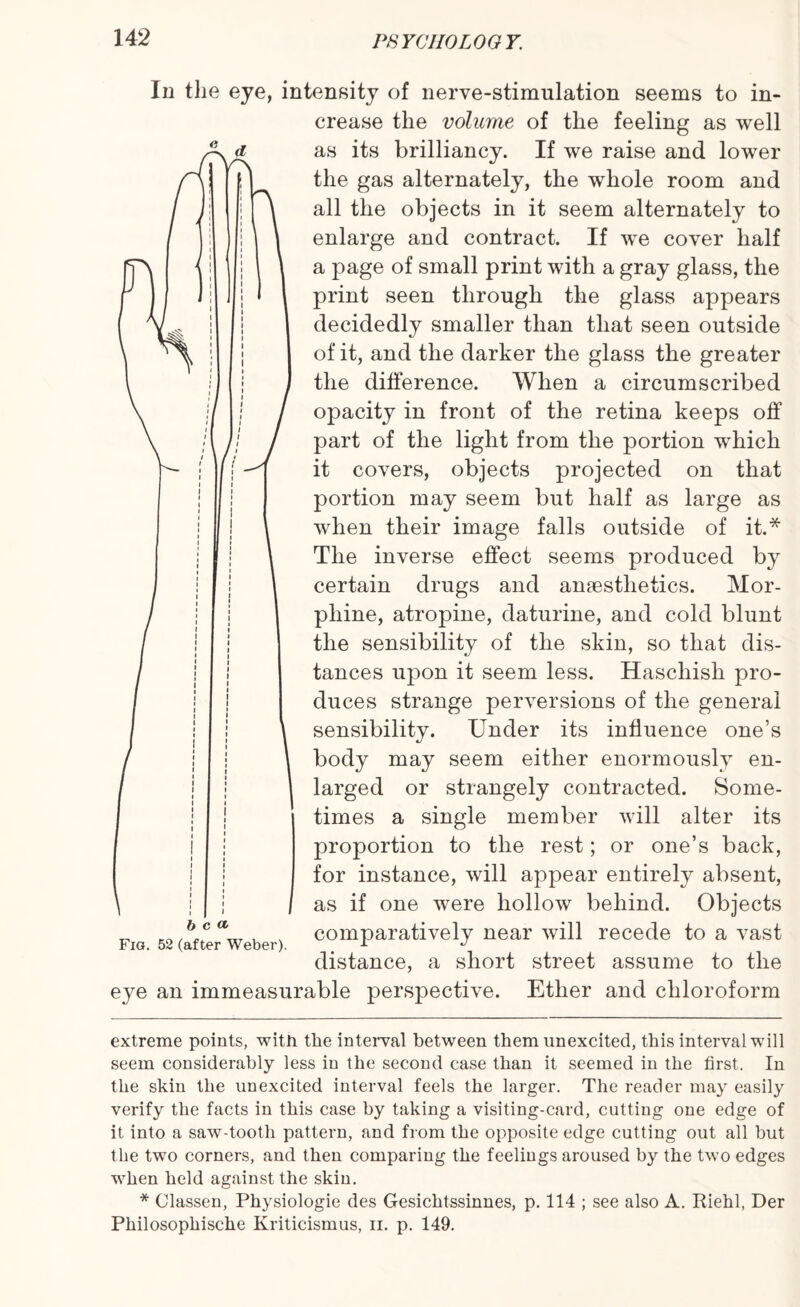 Iii the eye, intensity of nerve-stimulation seems to in¬ crease the volume of the feeling as well as its brilliancy. If we raise and lower the gas alternately, the whole room and all the objects in it seem alternately to enlarge and contract. If we cover half a page of small print with a gray glass, the print seen through the glass appears decidedly smaller than that seen outside of it, and the darker the glass the greater the difference. When a circumscribed opacity in front of the retina keeps off part of the light from the portion which it covers, objects projected on that portion may seem but half as large as when their image falls outside of it.* The inverse effect seems produced by certain drugs and anaesthetics. Mor¬ phine, atropine, daturine, and cold blunt the sensibility of the skin, so that dis¬ tances upon it seem less. Haschish pro¬ duces strange perversions of the general sensibility. Under its influence one’s body may seem either enormously en¬ larged or strangely contracted. Some¬ times a single member will alter its proportion to the rest; or one’s back, for instance, will appear entirely absent, as if one were hollow behind. Objects comparatively near will recede to a vast distance, a short street assume to the eye an immeasurable perspective. Ether and chloroform extreme points, with the interval between them unexcited, this interval will seem considerably less in the second case than it seemed in the first. In the skin the unexcited interval feels the larger. The reader may easily verify the facts in this case by taking a visiting-card, cutting one edge of it into a saw-tooth pattern, and from the opposite edge cutting out all but the two corners, and then comparing the feelings aroused by the two edges when held against the skin. * Classen, Physiologie des Gesiclitssinnes, p. 114 ; see also A. Biehl, Der Philosophische Kriticismus, u. p. 149.