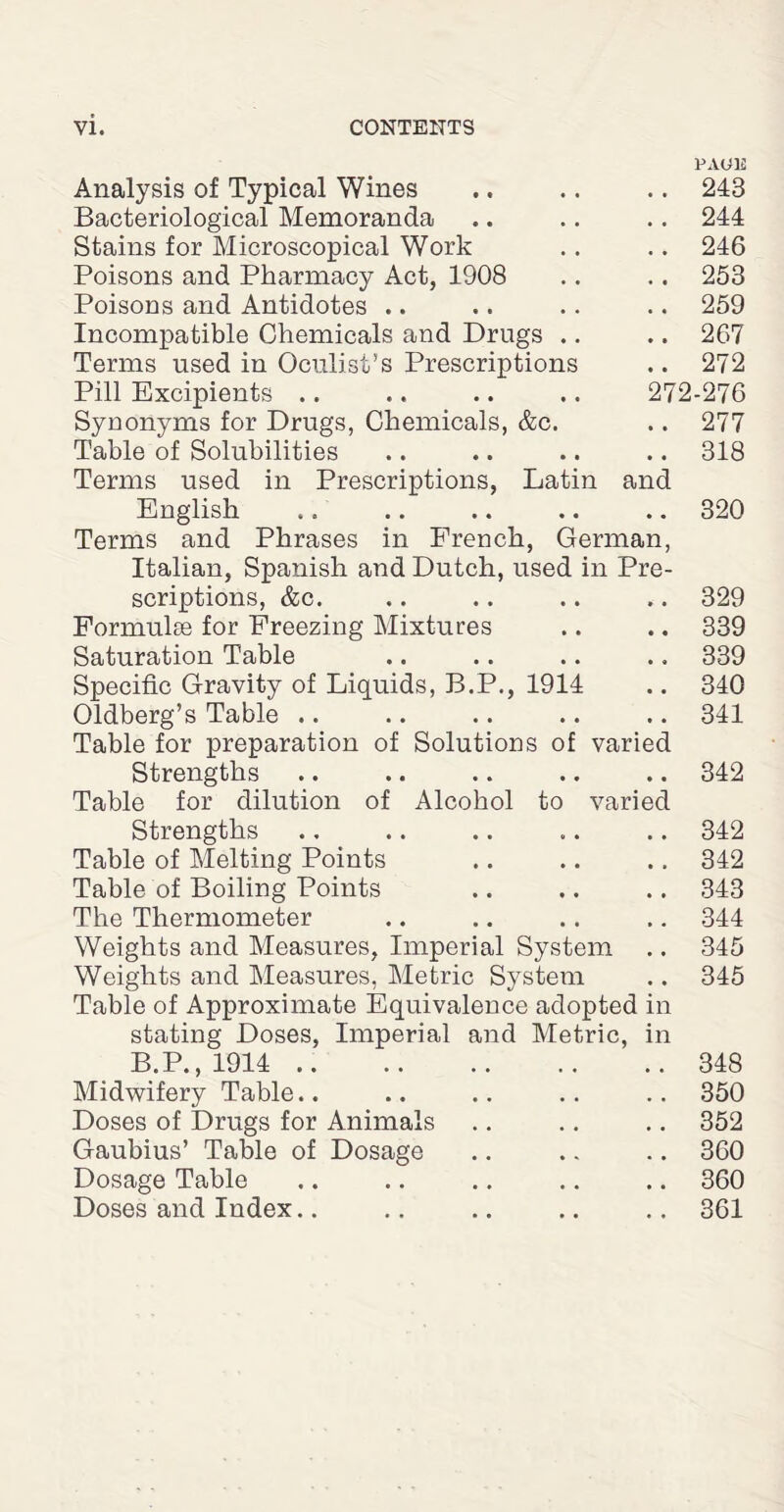 PAOIS Analysis of Typical Wines Bacteriological Memoranda Stains for Microscopical Work Poisons and Pharmacy Act, 1908 Poisons and Antidotes .. Incompatible Chemicals and Drugs .. Terms used in Oculist’s Prescriptions Pill Excipients .. Synonyms for Drugs, Chemicals, &c. Table of Solubilities Terms used in Prescriptions, Latin English Terms and Phrases in French, German, Italian, Spanish and Dutch, used in Pre¬ scriptions, &c. .. .. .. .. 329 Formulas for Freezing Mixtures .. .. 339 Saturation Table .. .. .. .. 339 Specific Gravity of Liquids, B.P., 1914 .. 340 Oldberg’s Table .. .. .. .. .. 341 Table for preparation of Solutions of varied Strengths .. .. .. .. .. 342 Table for dilution of Alcohol to varied Strengths ., .. .. .. .. 342 Table of Melting Points .. .. .. 342 Table of Boiling Points .. .. .. 343 The Thermometer .. .. .. .. 344 Weights and Measures, Imperial System .. 345 Weights and Measures, Metric System .. 345 Table of Approximate Equivalence adopted in stating Doses, Imperial and Metric, in B.P.,1914.348 Midwifery Table.. .. .. .. .. 350 Doses of Drugs for Animals .. .. .. 352 Gaubius’ Table of Dosage .. .. .. 360 Dosage Table .. .. .. .. .. 360 Doses and Index.. .. .. .. .. 361 .. 244 .. 246 .. 253 .. 259 .. 267 .. 272 272-276 .. 277 .. 318 and .. 320