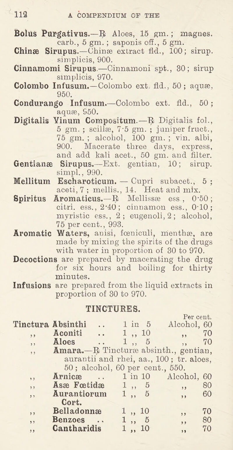 Bolus Purgativus.—Ijfc Aloes, 15 gm.; magnes. carb., 5 gm. ; saponis off., 5 gm. Chinee Sirupus.—Chinee extract fid., 100; sirup, simplicis, 900. Cinnamomi Sirupus.—Cinnamoni spt., 30; sirup simplicis, 970. Colombo Infusum.—Colombo ext fid., 50; aquse, 950. Condurango Infusum.—Colombo ext. fid., 50; aquae, 950. Digitalis Yinum Compositum.—Tjt Digitalis fob, 5 gm. ; scillse, 7-5 gm. ; juniper fruct., 75 gm. ; alcohol, 100 gm. ; vin. albi, 900. Macerate three days, express, and add kali acet., 50 gm. and filter. Gentianee Sirupus.—Ext. gentian, 10; sirup, simpl., 990. Mellitum Escharoticum. — Cupri subacet., 5 ; aceti, 7 ; mellis., 14. Heat and mix. Spiritus Aromaticus.—Ijt Mellissee ess , 0-50; citri. ess., 2*40; cinnamon ess., 0‘10; myristic ess., 2; eugenoli, 2; alcohol, 75 per cent., 993. Aromatic Waters, anisi, foeniculi, men thee, are made by mixing the spirits of the drugs with water in proportion of 30 to 970. Decoctions are prepared by macerating the drug for six hours and boiling for thirty minutes. Infusions are prepared from the liquid extracts in proportion of 30 to 970. TINCTURES. Per cent. Tinctura Absinthi .. 1 in 5 Alcohol, 60 ,, Aconiti .. 1 ,, 10 ,, 70 ,, Aloes .. 1 ,, 5 ,, 70 ,, Amara.—^ Tincturse absinth., gentian, aurantii and rhei, aa., 100; tr. aloes, 50 ; alcohol, 60 per cent., 550. Arnicas 1 in 10 Alcohol, 60 Asas Foetidse 1 ? > 5 ) ) 80 Aurantiorum 1 5 * 5 5 > 60 Cort. Belladonnas 1 10 5 J 70 Benzoes 1 5 > 5 > J 80 Cantharidis 1 ) * 10 M 70