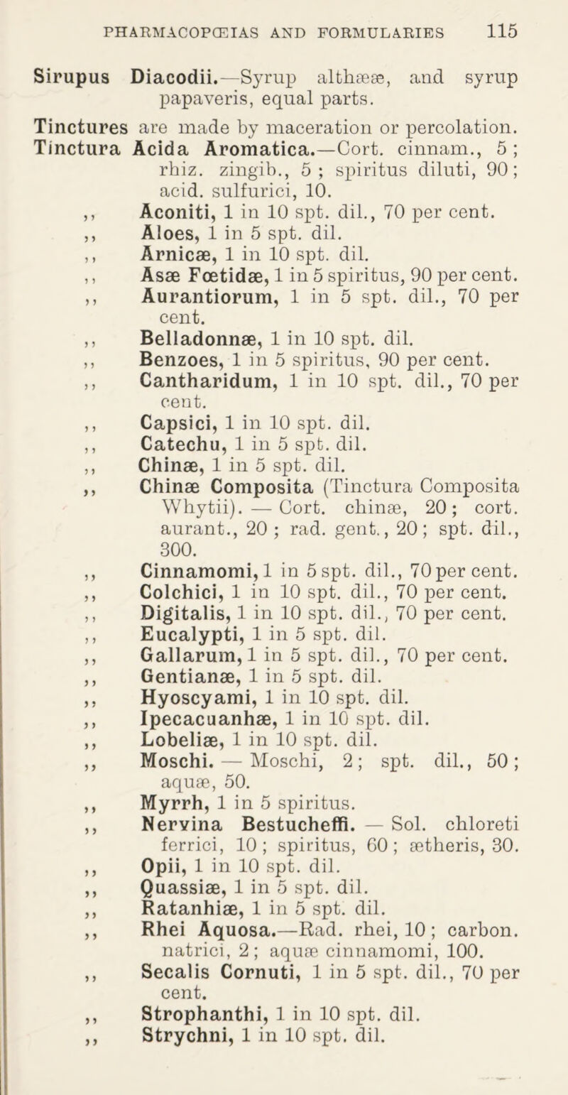 Sirupus Diacodii.—Syrup althaese, and syrup papaveris, equal parts. Tinctures are made by maceration or percolation. Tinctura Acida Aromatica.—Cort. cinnam., 5 ; rhiz. zingib., 5; spiritus diluti, 90; acid, sulfurici, 10. ,, Aconiti, 1 in 10 spt. dil., 70 per cent. ,, Aloes, 1 in 5 spt. dil. ,, Arnicae, 1 in 10 spt. dil. ,, Asae Fcetidae, 1 in 5 spiritus, 90 per cent. ,, Aurantiorum, 1 in 5 spt. dil., 70 per cent. ,, Belladonnae, 1 in 10 spt. dil. ,, Benzoes, 1 in 5 spiritus, 90 per cent. ,, Cantharidum, 1 in 10 spt. dil., 70 per cent. ,, Capsici, 1 in 10 spt. dil. ,, Catechu, 1 in 5 spt. dil. ,, Chinae, 1 in 5 spt. dil. ,, Chinae Composita (Tinctura Composita Whytii). — Cort. chinae, 20; cort. aurant., 20; rad. gent., 20; spt. dil., 300. ,, Cinnamomi, 1 in 5spt. dil., 70percent. ,, Colchici, 1 in 10 spt. dil., 70 per cent. ,, Digitalis, 1 in 10 spt. dil., 70 per cent. ,, Eucalypti, 1 in 5 spt. dil. ,, Gallarum, 1 in 5 spt. dil., 70 per cent. ,, Gentianae, 1 in 5 spt. dil. ,, Hyoscyami, 1 in 10 spt. dil. ,, Ipecacuanhae, 1 in 10 spt. dil. ,, Lobeliae, 1 in 10 spt. dil. ,, Moschi. — Moschi, 2; spt. dil., 50; aquae, 50. ,, Myrrh, 1 in 5 spiritus. ,, Neryina Bestucheffi. — Sol. chloreti ferrici, 10; spiritus, GO; aetheris, 30. ,, Opii, 1 in 10 spt. dil. ,, Quassiae, 1 in 5 spt. dil. ,, Ratanhiae, 1 in 5 spt. dil. ,, Rhei Aquosa.—Rad. rhei, 10 ; carbon, natrici, 2; aquae cinnamomi, 100. ,, Secalis Cornuti, 1 in 5 spt. dil., 70 per cent. ,, Strophanthi, 1 in 10 spt. dil. ,, Strychni, 1 in 10 spt. dil.