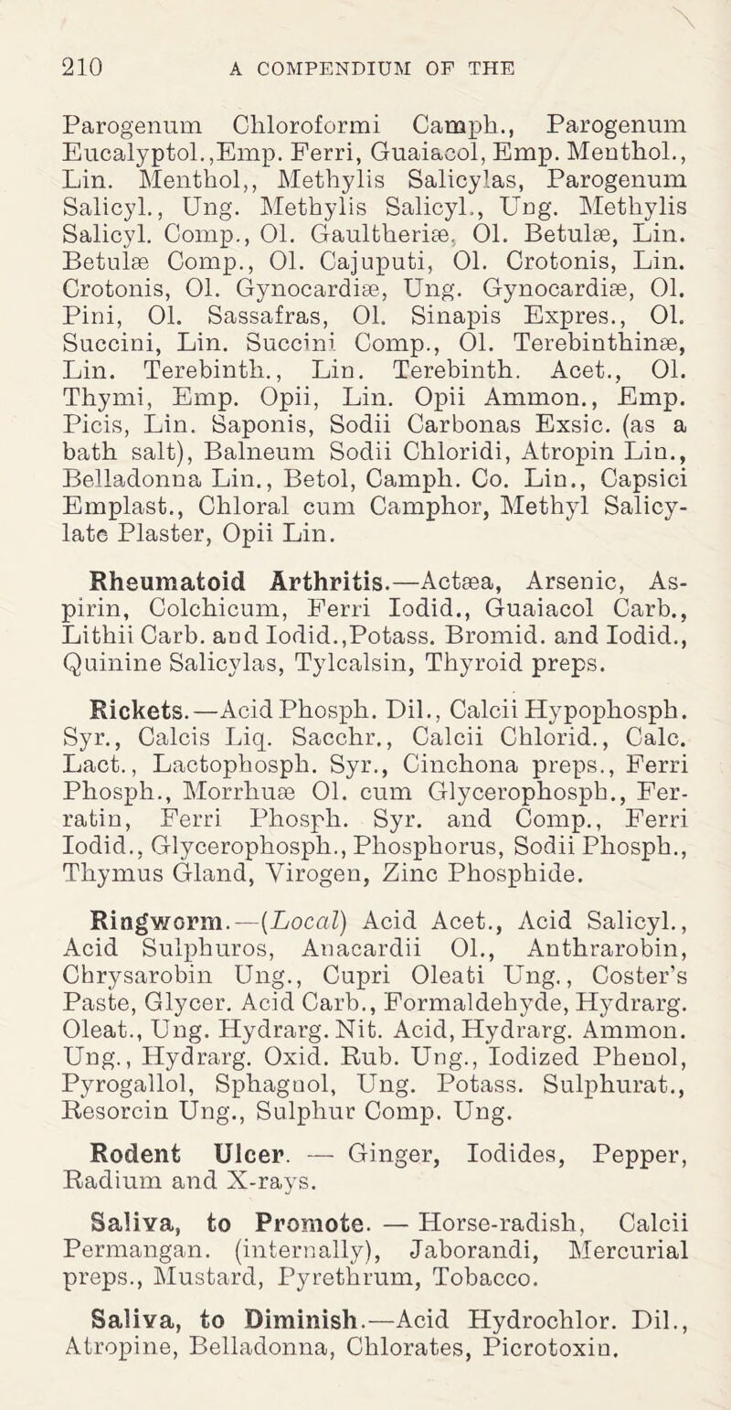 Parogenum Chloroformi Camph., Parogenum Eucalyptol.,Emp. Perri, Guaiacol, Emp. Mentliol., Lin. Menthol,, Methylis Salicylas, Parogenum Salicyl., Ung. Methylis Salicyl., Ung. Methylis Salicyl. Comp., 01. Gaultherise, 01. Betulse, Lin. Betulse Comp., 01. Cajuputi, 01. Crotonis, Lin. Crotonis, 01. Gynocardise, Ung. Gynocardias, 01. Pini, 01. Sassafras, 01. Sinapis Expres., 01. Succini, Lin. Succini Comp., 01. Terebinthinae, Lin. Terebinth., Lin. Terebinth. Acet., 01. Thymi, Emp. Opii, Lin. Opii Ammon., Emp. Picis, Lin. Saponis, Sodii Carbonas Exsic. (as a bath salt), Balneum Sodii Chloridi, Atropin Lin., Belladonna Lin., Betol, Camph. Co. Lin., Capsici Emplast., Chloral cum Camphor, Methyl Salicy¬ late Plaster, Opii Lin. Rheumatoid Arthritis.—Actaea, Arsenic, As¬ pirin, Colchicum, Perri Iodid., Guaiacol Carb., Lithii Carb. and Iodid.,Potass. Bromid. and Iodid., Quinine Salicylas, Tylcalsin, Thyroid preps. Rickets.—AcidPhosph. Dil., Calcii Hypophosph. Syr., Calcis Liq. Sacchr., Calcii Chlorid., Calc. Lact., Lactophosph. Syr., Cinchona preps., Perri Phosph., Morrhuae 01. cum Glycerophospb., Fer- ratin, Ferri Phosph. Syr. and Comp., Perri Iodid., Glycerophospb., Phosphorus, Sodii Phosph., Thymus Gland, Yirogen, Zinc Phosphide. Ringworm.—{Local) Acid Acet., Acid Salicyl., Acid Sulphuros, Anacardii 01., Anthrarobin, Chrysarobin Ung., Cupri Oleati Ung., Coster’s Paste, Glycer. Acid Carb., Formaldehyde, Hydrarg. Oleat., Ung. Hydrarg. Nit. Acid, Hydrarg. Ammon. Ung., Hydrarg. Oxid. Rub. Ung., Iodized Phenol, Pyrogallol, Sphaguol, Ung. Potass. Sulphurat., Resorcin Ung., Sulphur Comp. Ung. Rodent Ulcer. — Ginger, Iodides, Pepper, Radium and X-rays. Saliva, to Promote. — Horse-radish, Calcii Permangan. (internally), Jaborandi, Mercurial preps., Mustard, Pyrethrum, Tobacco. Saliva, to Dimmish.—Acid Hydrochlor. Dil., Atropine, Belladonna, Chlorates, Picrotoxin.