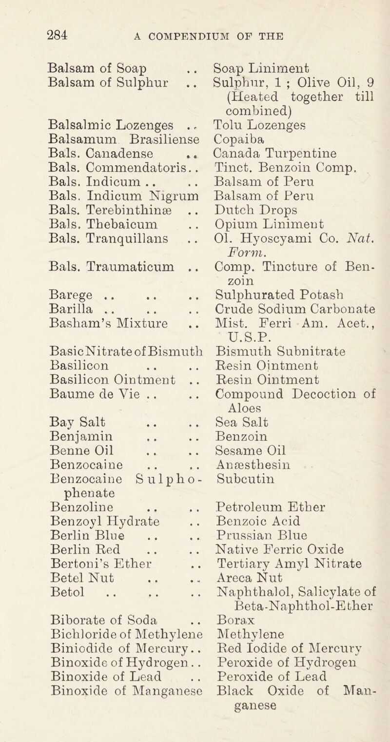 Balsam of Soap Balsam of Sulphur Balsalmic Lozenges ., Balsamum Brasiliense Bals. Canadense Bals. Commendatoris.. Bals. Indicum Bals. Indicum Nigrum Bals. Terebinthime Bals. Thebaicum Bals. Tranquillans Bals. Traumaticum .. Barege .. Barilla Basham’s Mixture Basic Nitrate of Bismuth Basilicon Basilicon Ointment .. Baume de Vie .. Bay Salt Benjamin Benne Oil Benzocaine Benzocaine Sulpho- phenate Benzoline Benzoyl Hydrate Berlin Blue Berlin Red Bertoni’s Ether Betel Nut Betol Biborate of Soda Bichloride of Methylene Biniodide of Mercury.. Binoxidc of Hydrogen .. Binoxide of Lead Binoxide of Manganese Soap Liniment Sulphur, 1 ; Olive Oil, 9 (Heated together till combined) Tolu Lozenges Copaiba Canada Turpentine Tinct. Benzoin Comp. Balsam of Peru Balsam of Peru Dutch Drops Opium Liniment 01. Hyoscyami Co. Nat. Form. Comp. Tincture of Ben¬ zoin Sulphurated Potash Crude Sodium Carbonate Mist. Ferri Am. Acet., U.S.P. Bismuth Subnitrate Resin Ointment Resin Ointment Compound Decoction of Aloes Sea Salt Benzoin Sesame Oil Anaesthesin Subcutin Petroleum Ether Benzoic Acid Prussian Blue Native Ferric Oxide Tertiary Amyl Nitrate Areca Nut Naphthalol, Salicylate of Beta-Naphthol-E ther Bora.x Methylene Red Iodide of Mercury Peroxide of Hydrogen Peroxide of Lead Black Oxide of Man¬ ganese