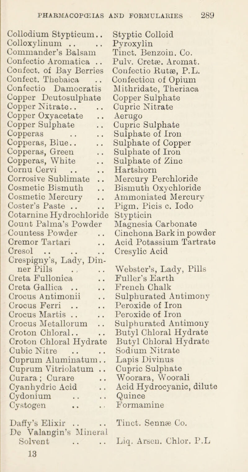 Collodium Stypticum.. Colloxylinum Commander’s Balsam Confectio Aromatica .. Coufect. of Bay Berries Confect. Thebaica Confectio Damocratis Copper Deutosulphate Copper Nitrate.. Copper Oxyacetate Copper Sulphate Copperas Copperas, Blue.. Copperas, Green Copperas, White Cornu Cervi Corrosive Sublimate .. Cosmetic Bismuth Cosmetic Mercury Coster’s Paste .. Cotarnine Hydrochloride Count Palma’s Powder Countess Powder Cremor Tartari Cresol Crespigny's, Lady, Din¬ ner Pills Greta Fullonica Creta Gallica .. Crocus A ntimonii Crocus Ferri Crocus Martis Crocus Metallorum Croton Chloral.. Croton Chloral Hydrate Cubic Nitre Cuprum Aluminatum.. Cuprum Vitriolatum .. Curara ; Curare Cyanhydric Acid Cydonium Cystogen Daffy’s Elixir .. De Valangin’s Mineral Solvent Styptic Colloid Pyroxylin Tinct. Benzoin. Co. Pulv. Cretse. Aromat. Confectio Butae, P.L. Confection of Opium Mithridate, Theriaca Copper Sulphate Cupric Nitrate Aerugo Cupric Sulphate Sulphate of Iron Sulphate of Copper Sulphate of Iron Sulphate of Zinc Hartshorn Mercury Perchloride Bismuth Oxychloride Ammoniated Mercury Pigm. Picis c. Iodo Stypticin Magnesia Carbonate Cinchona Bark in powder Acid Potassium Tartrate Cresylic Acid Webster’s, Lady, Pills Fuller’s Earth French Chalk Sulphurated Antimony Peroxide of Iron Peroxide of Iron Sulphurated Antimony Butyl Chloral Hydrate Butyl Chloral Hydrate Sodium Nitrate Lapis Divinus Cupric Sulphate Woorara, Woorali Acid Hydrocyanic, dilute Quince Formamine Tinct. Sennce Co. Liq. Arsen. Chlor. P.L 13