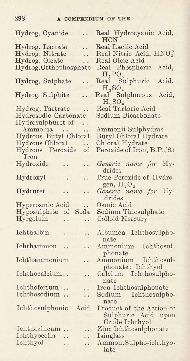 Hydrog. Cyanide Hydrog. Lactate Hydrog. Nitrate Hydrog. Oleate Hydrog. Orthophosphate Hydrog. Sulphate Hydrog. Sulphite Hydrog. Tartrate Hydrosodic Carbonate Hydrosulphuret of Ammonia Hydrous Butyl Chloral Hydrous Chloral Hydrous Peroxide of Iron Hydroxide Hydroxyl Hydruret Hyperosmic Acid Hyposulphite of Soda Hyrgolum Ichthalbin Ichthammon Ichthammonium Ichthocalcium Ichthoferrum Ichthosodium .. Ichthosulphonic Acid Ichthozincum .. Ichthyocolla Ichthyol Real Hydrocyanic Acid, HCN Real Lactic Acid Real Nitric Acid, HN03 Real Oleic Acid Real Phosphoric Acid, H3PO, Real Sulphuric Acid, H2S04 Real Sulphurous Acid, H2S03 Real Tartaric Acid Sodium Bicarbonate Ammonii Sulphydras Butyl Chloral Hydrate Chloral Hydrate Peroxide of Iron, B.P.,’85 Generic name for Hy¬ drides True Peroxide of Hydro¬ gen, H202 Generic name for Hy¬ drides Osmic Acid Sodium Thiosulphate Colloid Mercury Albumen Ichthosulpho- nate Ammonium Ichthosul- phonate Ammonium Ichthosul- phonate ; Ichthyol Calcium Ichthosulpho- nate Iron Ichthosulphonate Sodium Ichthosulpho¬ nate Product of the Action of Sulphuric Acid upon Crude Ichthyol Zinc Ichthosulphonate Isinglass Ammon. Sulpho-ichthyo- late