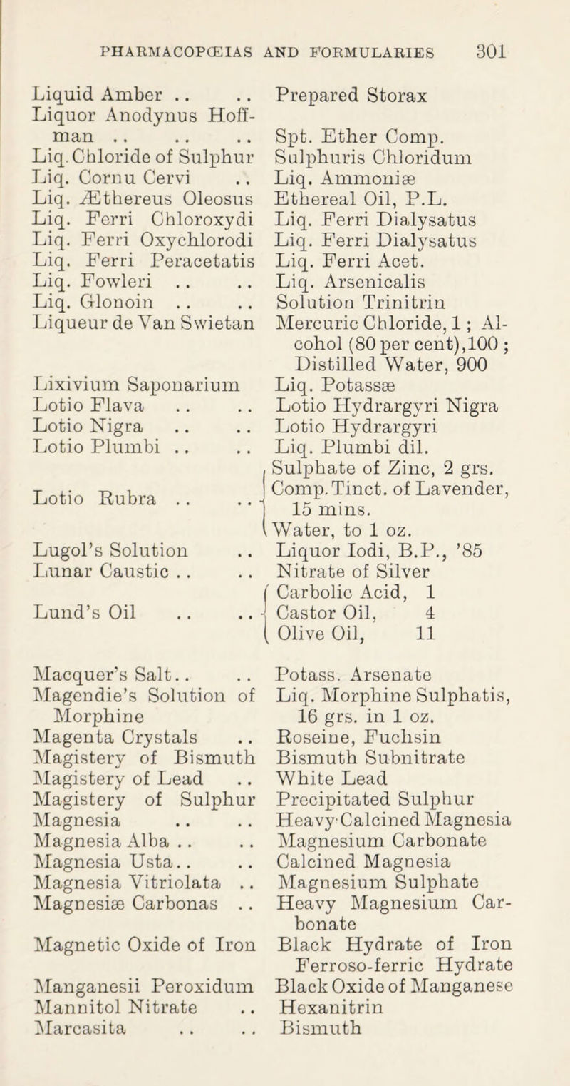 Liquid Amber Liquor Anodynus Hoff¬ man .. Liq. Chloride of Sulphur Liq. Cornu Cervi Liq. ZEthereus Oleosus Liq. Ferri Chloroxydi Liq. Ferri Oxychlorodi Liq. Ferri Peracetatis Liq. Fowleri Liq. Glonoin Liqueur de Van Swietan Lixivium Saponarium Lotio Flava Lotio Nigra Lotio Plumbi .. Lotio Rubra .. Lugol’s Solution Lunar Caustic .. Lund’s Oil Macquer’s Salt Magendie’s Solution of Morphine Magenta Crystals Magistery of Bismuth Magistery of Lead Magistery of Sulphur Magnesia Magnesia Alba Magnesia Usta.. Magnesia Vitriolata .. Magnesiae Carbonas .. Magnetic Oxide of Iron Manganesii Peroxidum Mannitol Nitrate Marcasita Prepared Storax Spt. Ether Comp. Sulphuris Chloridum Liq. Ammonise Ethereal Oil, P.L. Liq. Ferri Dialysatus Liq. Ferri Dialysatus Liq. Ferri Acet. Liq. Arsenicalis Solution Trinitrin Mercuric Chloride, 1; Al¬ cohol (80 per cent),100 ; Distilled Water, 900 Liq. Potassse Lotio Hydrargyri Nigra Lotio Hydrargyri Liq. Plumbi dil. Sulphate of Zinc, 2 grs. Comp.Tinct. of Lavender, 15 mins. Water, to 1 oz. Liquor Iodi, B.P., ’85 Nitrate of Silver Carbolic Acid, 1 Castor Oil, 4 Olive Oil, 11 Potass. Arsenate Liq. Morphine Sulphatis, 16 grs. in 1 oz. Roseine, Fuchsin Bismuth Subnitrate White Lead Precipitated Sulphur Heavy Calcined Magnesia Magnesium Carbonate Calcined Magnesia Magnesium Sulphate Heavy Magnesium Car¬ bonate Black Hydrate of Iron Ferroso-ferric Hydrate Black Oxide of Manganese Hexanitrin Bismuth