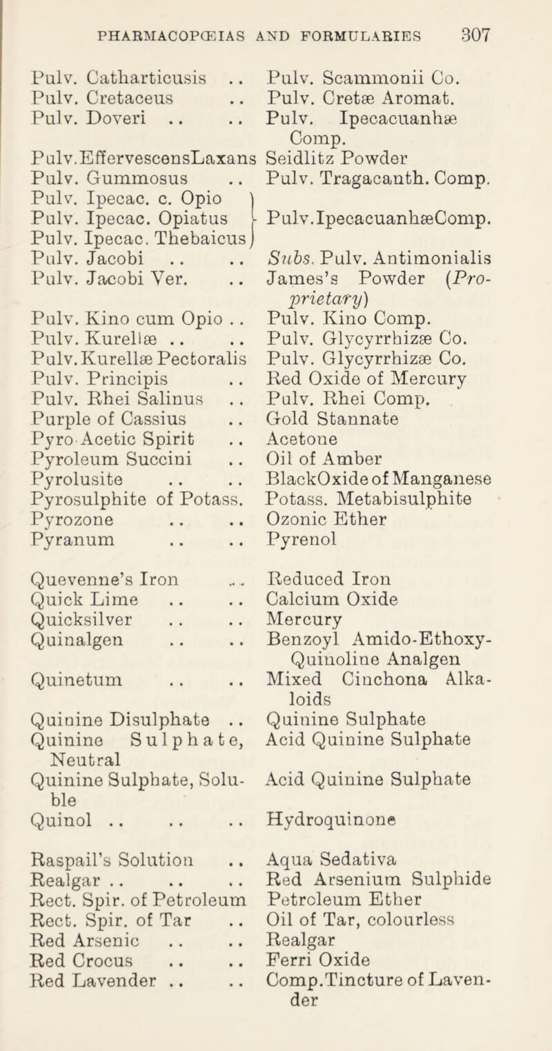 Pulv. Catharticusis Pulv. Cretaceus Pulv. Doveri Pulv.EffervescensLaxans Pulv. Gummosus Pulv. Ipecac, c. Opio ] Pulv. Ipecac. Opiatus j- Pulv. Ipecac. Thebaicus) Pulv. Jacobi Pulv. Jacobi Yer. Pulv. Kino cum Opio .. Pulv. Kurellse Pulv.Kurellse Pecfcoralis Pulv. Principis Pulv. Rhei Salinus Purple of Cassius Pyro Acetic Spirit Pyroleum Succini Pyrolusite Pyrosulphite of Potass. Pyrozone Pyranum Quevenne’s Iron Quick Lime Quicksilver Quinalgen Quinetum Quinine Disulphate .. Quinine Sulphate, Neutral Quinine Sulphate, Solu¬ ble Quinol .. Raspail’s Solution Realgar Rect. Spir. of Petroleum Rect. Spir. of Tar Red Arsenic Red Crocus Red Lavender .. Pulv. Scammonii Co. Pulv. Cretae Aromat. Pulv. Ipecacuanhse Comp. Seidlitz Powder Pulv. Tragacanth. Comp. Pulv.IpecacuanhseComp. Subs. Pulv. Antimonialis James’s Powder (Pro¬ prietary) Pulv. Kino Comp. Pulv. Glycyrrbizse Co. Pulv. Glycyrrhizae Co. Red Oxide of Mercury Palv. Rhei Comp. Gold Stannate Acetone Oil of Amber BlackOxide of Manganese Potass. Metabisulphite Ozonic Ether Pyrenol Reduced Iron Calcium Oxide Mercury Benzoyl Amido-Ethoxy- Quiuoline Analgen Mixed Cinchona Alka¬ loids Quinine Sulphate Acid Quinine Sulphate Acid Quinine Sulphate Hydroquinone Aqua Sedativa Red Arsenium Sulphide Petroleum Ether Oil of Tar, colourless Realgar Ferri Oxide Comp.Tincture of Laven¬ der