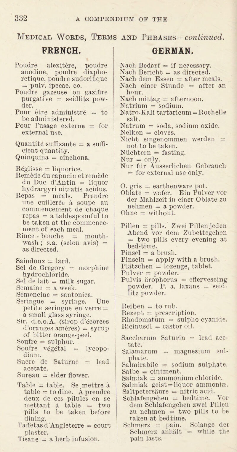 Medical Words, Terms and Phrases— continued. FRENCH. Poudre alexitere, poudre anodine, poudre diaplio- retique, poudre sudoritique = pulv. ipecac, co. Poudre gazeuse ou gazifire purgative = seidlitz pow¬ der. Pour etre administr<§ = to be administered. Pour l’usage externe = for external use. Quantity suffisante = a suffi¬ cient quantity. Quinquina = cinchona. R6glisse = liquorice. Remede du capucin et remede du Due d’Antin = liquor hydrargyri nitratis acidus. Repas = meals. Prendre une cuilleree a soupe au commencement de cliaque repas = a tablespoonful to be taken at the commence¬ ment of each meal. Rince - bouche = mouth¬ wash ; s.a. (selon avis) = as directed. Saindoux = lard. Sel de Gregory = morphine hydrochloride. Sel de lait = milk sugar. Semaine = a week. Semencine = santonica. Seringue = syringe. Une petite seringue en verre = a small glass syringe. Sir. d.e.o.A. (sirop d’dcorces d’oranges ameres) = syrup of bitter orange-peel. Soufre — sulphur. Soufre vdgdtal = lycopo¬ dium. Sucre de Saturne = lead acetate. Sureau = elder flower. Table = table. Se^mettre a table = to dine. A prendre deux de ces pilules en se mettant a table = two pills to be taken before dining. Taffetas d’Angleterre = court plaster. Tisane = a herb infusion. GERMAN. Nach Bedarf = if necessary. Nach Bericht = as directed. Naeh dera Essen = after meals. Nach einer Stunde = after an hour. Nach mittag = afternoon. Natrium = sodium. Natro-Kali tartaricum = Rochelle salt. Natrum = soda, sodium oxide. Nelken = cloves. Niclit emgenommen werden = not to be taken. Niichtern = fasting. Nur = on]y. Nur fiir Ausserlichen Gebraucli = for external use only. O. gris = earthenware pot. Oblate = wafer. Ein Pulver vor der Mahlzeit in einer Oblate zu nehmen = a powder. Ohne = without. Pillen = pills. Zwei Pillenjeden Abend vor dem Zubettegelien = two pills every evening at bed-time. Pinsel = a brush. Pinseln = apply with a brush. Platzchen = lozenge, tablet. Pulver = powder. Pulvis iirophorus = effervescing powder. P. a. laxans = seid¬ litz powder. Reiben = to rub. Rezept = prescription. Rliodomatum = sulpho cyanide. Ricinusol = castor oil. Saccharum Saturin = lead ace¬ tate. Salamarum = magnesium sul¬ phate. Salmirabile = sodium sulphate. Salbe = ointment. Salmiak = ammonium chloride. Salmiak geist = liquor ammonise. Saltpetersaure = nitric acid. Schlafengehen = bedtime. Vor dem Schlafengehen zwei Pillen zu nehmen = twro pills to be taken at bedtime. Schmerz = pain. Solange der Sclimerz anhalt = while the pain lasts.