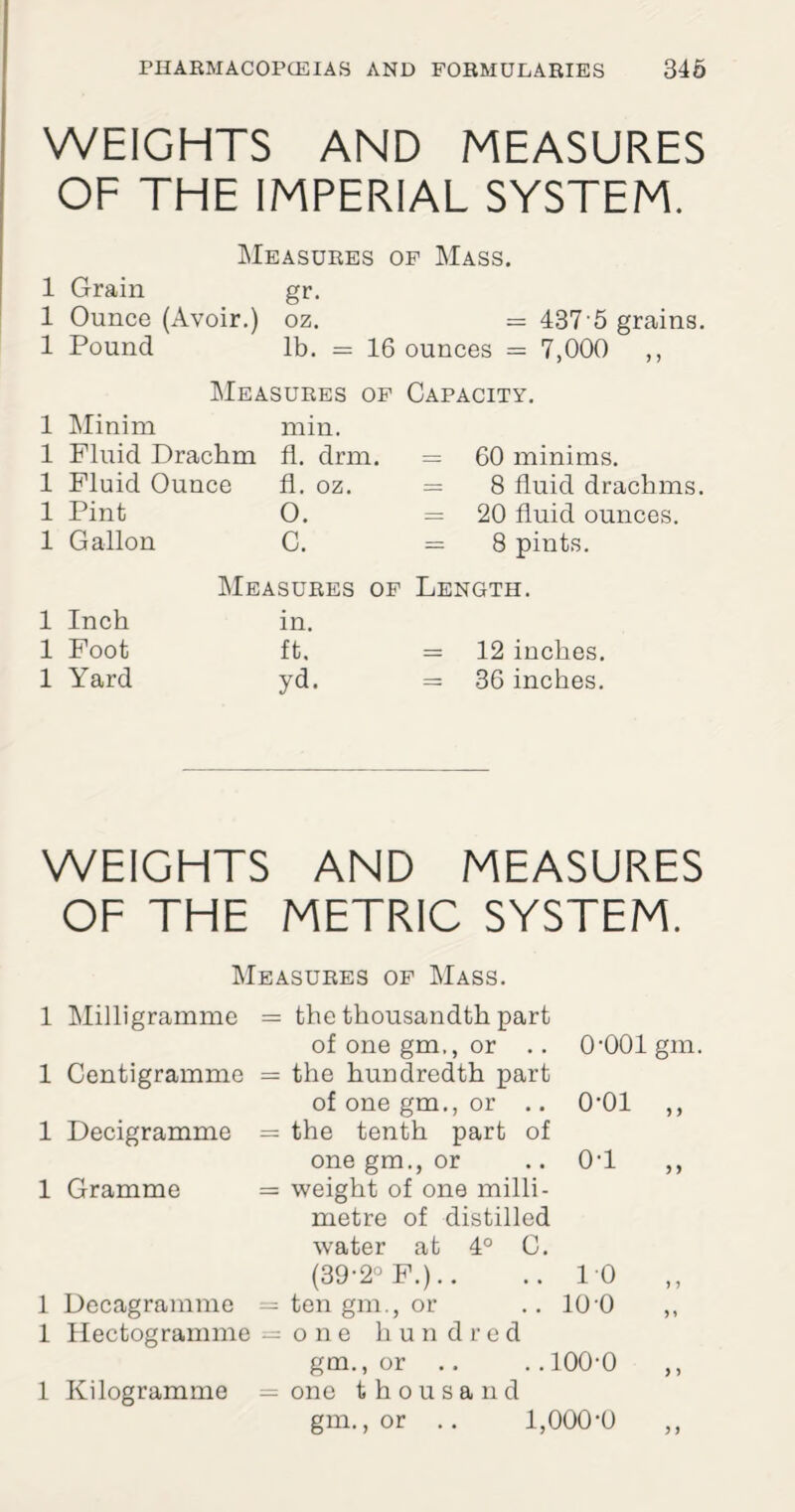 WEIGHTS AND MEASURES OF THE IMPERIAL SYSTEM. Measures of Mass. 1 Grain gr. 1 Ounce (Avoir.) oz. = 437'5 grains. 1 Pound lb. = 16 ounces = 7,000 ,, Measures of Capacity. 1 Minim min. 1 Fluid Drachm fl. drm. = 60 minims. 1 Fluid Ounce fl. oz. = 8 fluid drachms. 1 Pint O. = 20 fluid ounces. 1 Gallon C. = 8 pints. Measures of Length. 1 Inch in. 1 Foot ft. = 12 inches. 1 Yard yd. = 36 inches. WEIGHTS AND MEASURES OF THE METRIC SYSTEM. Measures of Mass. 1 Milligramme = the thousandth part of one gm,, or .. 0‘001 gm 1 Centigramme = the hundredth part of one gm., or .. o-oi „ 1 Decigramme = the tenth part of one gm., or 0-1 „ 1 Gramme = weight of one milli¬ metre of distilled water at 4° C. (39-2° F.).. 10 „ 1 Decagramme - ten gm., or 100 „ 1 Hectogramme — one hundred gm., or .. .. 100-0 1 Kilogramme = one thousand gm., or .. 1,000-0