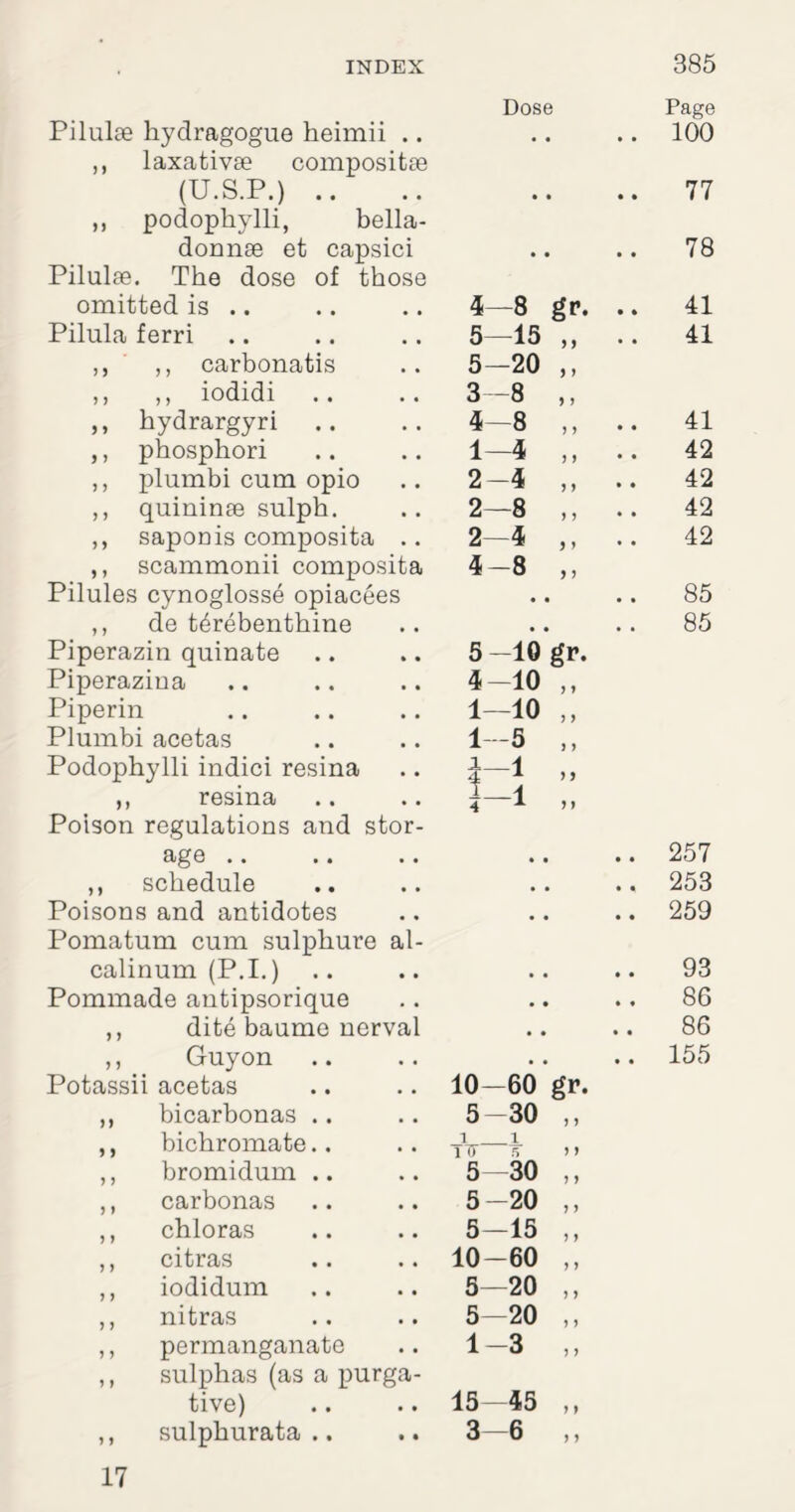 Pilulse hydragogue heimii .. ,, laxativse composite (U.S.P.) .. ,, podophylli, bella- donnse et capsici Pilulae. The dose of those Dose Page 100 77 78 omitted is .. 4—8 gp. .. 41 Pilula ferri 5—15 ,, .. 41 ,, ,, carbonatis 5—20 ,, ,, ,, iodidi 3-8 „ ,, hydrargyri .. 4—8 ,, 41 ,, phosphori 1-4 „ .. 42 ,, plumbi cum opio 2—4 ,, 42 ,, quininse sulph. 2—8 ,, .. 42 ,, saponis composita .. 2—4 ,, 42 ,, scammonii composita 4-8 „ Pilules cynoglosse opiacees • • • • 85 ,, de t^rebenthine • • • • 85 Piperazin quinate 5-10 gr. Piperaziua 4-10 „ Piperin 1-10 „ Plumbi acetas 1-5 „ Podophylli indici resina i 1 >> ,, resina 4—1 M Poison regulations and stor¬ age .. • • • • 257 ,, schedule • • • • 253 Poisons and antidotes Pomatum cum sulphure al- • • • • 259 calinum (P.I.) • • • • 93 Pommade autipsorique • • » « 86 ,, dite baume nerval • • • • 86 ,, Guyon .. • • • • 155 Potassii acetas 10—60 gr. ,, bicarbonas .. 5-30 ,, ,, bichromate.. i i 1 0 5 1 > ,, bromidum .. 5—30 ,, ,, carbonas 5-20 ,, ,, chloras 5-15 „ ,, citras 10-60 ,, ,, iodidum 5—20 ,, ,, nitras 5—20 ,, ,, permanganate ,, sulphas (as a purga¬ 1-3 ,, tive) 15-45 „ ,, sulphurata .. 3-6 ,, 17