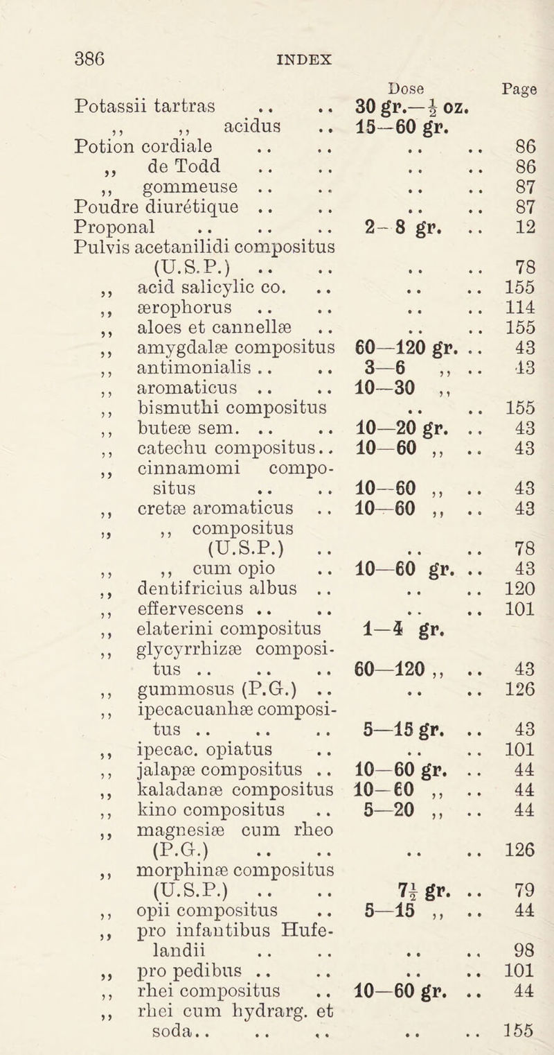 Potassii tartras Dose 30 gr.—\ oz. Page 9 9 ,, acidus 15—60 gr. Potion cordiale • • • « 86 99 de Todd • • • • 86 99 gommense .. • • • • 87 Poudre diuretique .. • • • • 87 Proponal 2- 8 gr. .. 12 Pulvis acetanilidi compositus (U.S.P.) .. • • • • 78 9 9 acid salicylic co. • • • • 155 5 9 serophorus • « • • 114 9 9 aloes et cannellae • • • • 155 9 9 amygdalae compositus 60—120 gr. .. 43 9 9 antimonialis .. 3-6 „ .. 43 9 9 aromaticus .. 10-30 ,, 9 9 bismuthi compositus • • • • 155 9 9 butese sem. .. 10—20 gr. .. 43 9 9 catechu compositus.. 10-60 ,, .. 43 9 9 cinnamomi compo¬ situs 10-60 „ .. 43 9 9 cretae aromaticus 10—60 ,, .. 43 99 ,, compositus (U.S.P.) .. • • • • 78 9 9 ,, cum opio 10—60 gr. .. 43 9 9 dentifricius albus .. • • • • 120 9 9 effervescens .. • • t • 101 9 9 elaterini compositus 1—4 gr. 9 9 glycyrrbizse composi¬ tus .. 60—120,, .. 43 9 9 gummosus (P.G.) .. « • • • 126 9 9 ipecacuanhse composi¬ tus 5—15 gr. .. 43 5 9 ipecac, opiatus • • • • 101 9 9 jalapae compositus .. 10—60 gr. .. 44 9 9 kaladanae compositus 10-60 ,, .. 44 9 9 kino compositus 5—20 ,, .. 44 9 9 magnesise cum rlieo (P.G.) • • • • 126 9 9 morphinae compositus (U.S.P.) .. Ti gr. .. 79 9 9 opii compositus 5—15 ,, .. 44 9 9 pro infantibus Hufe- landii • ( 1 < 98 99 pro pedibus .. • • • • 101 9 9 rliei compositus 10—60 gr. .. 44 9 9 rkei cum hydrarg. et soda.. • • • • 155