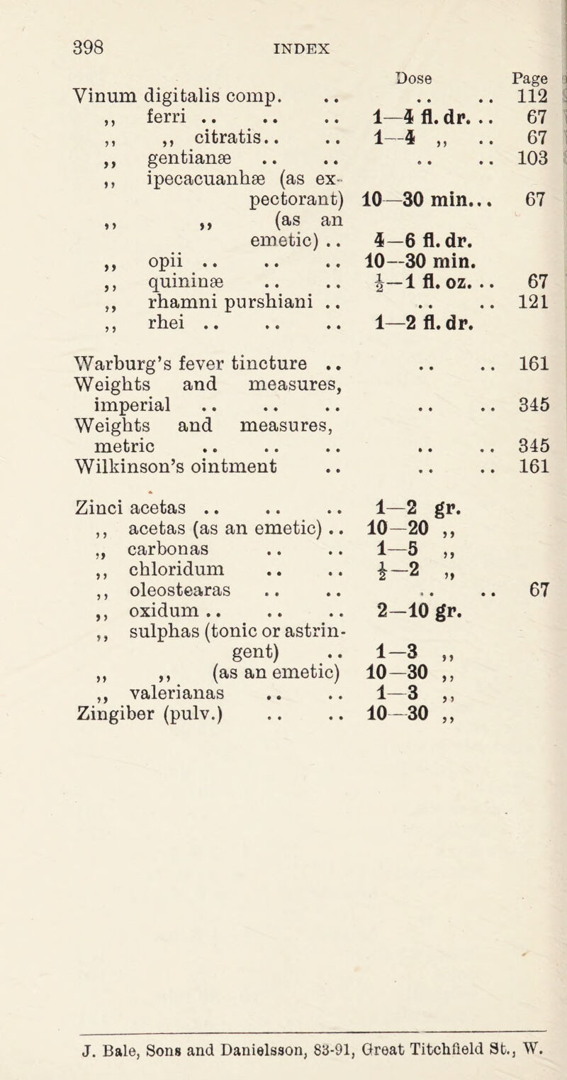 Dose Page Vinum digitalis comp. • • • a 112 ,, ferri .. 1—4 fl. dr. .. 67 ,, ,, citratis.. 1_4 A ’ )J • • 67 ,, gentianse ,, ipecacuanhse (as ex¬ 0 « • • 103 pectorant) ,, ,, (as an 10—30 min... 67 emetic) .. 4—6 fl. dr. ,, opii • • .. .. 10—30 min. ,, quininte ■jj—1 fl. oz. • • 67 ,, rhamni purshiani .. • • • • 121 ,, rhei .. 1—2 fl. dr. Warburg’s fever tincture .. Weights and measures, • • • • 161 imperial Weights and measures, • • • • 345 metric • • • ♦ 345 Wilkinson’s ointment « • • • 161 Zinci acetas .. 1—2 gr. ,, acetas (as an emetic) .. 10- 20 ,, ,, carbonas 1-5 „ ,, chloridum i-2 „ ,, oleostearas a a • • 67 ,, oxidum .. ,, sulphas (tonic or astrin¬ 2-10 gr. gent) 1-3 „ ,, ,, (as an emetic) 10-30 ,, ,, valerianas 1-3 „ Zingiber (pulv.) 10-30 „ J. Bale, Sons and Danielsson, 83-91, Great Titchfield St., W.