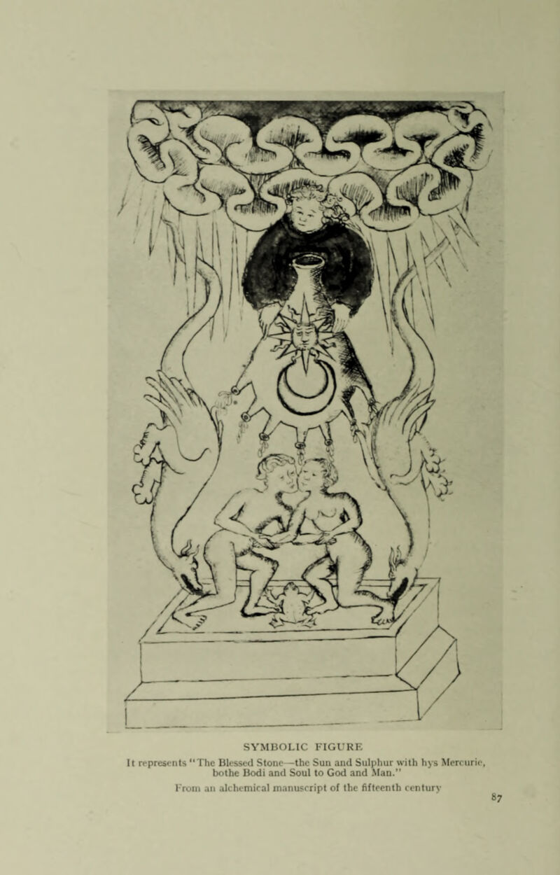 SYMBOLIC FIGURE It represents The Blessed Stone —the Sun and Sulphur with hys Mercuric, bothc Bodi and Soul to God and Man.” From an alchemical manuscript of the fifteenth century