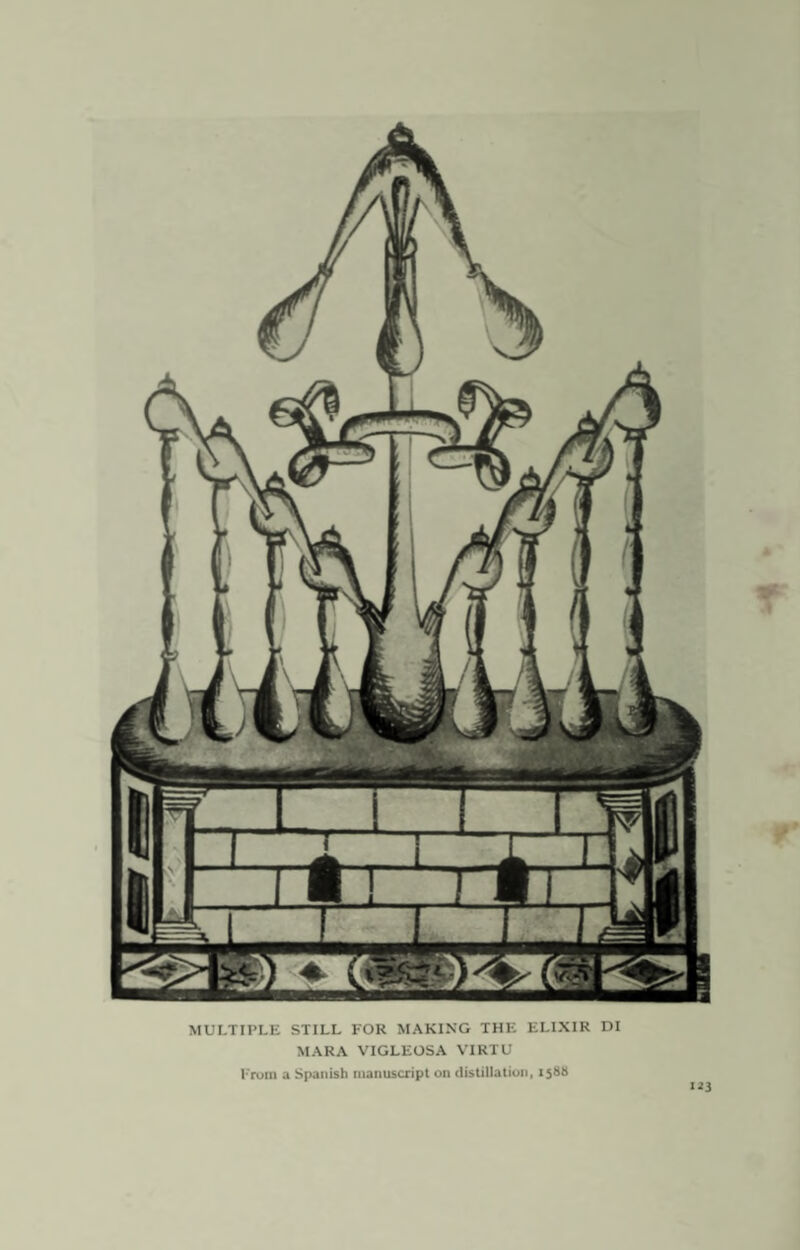 MULTIPLE STILL FOR MAKING THE ELIXIR DI MARA VIGLEOSA VIRTU From a Spanish manuscript on distillation, 1588 “3