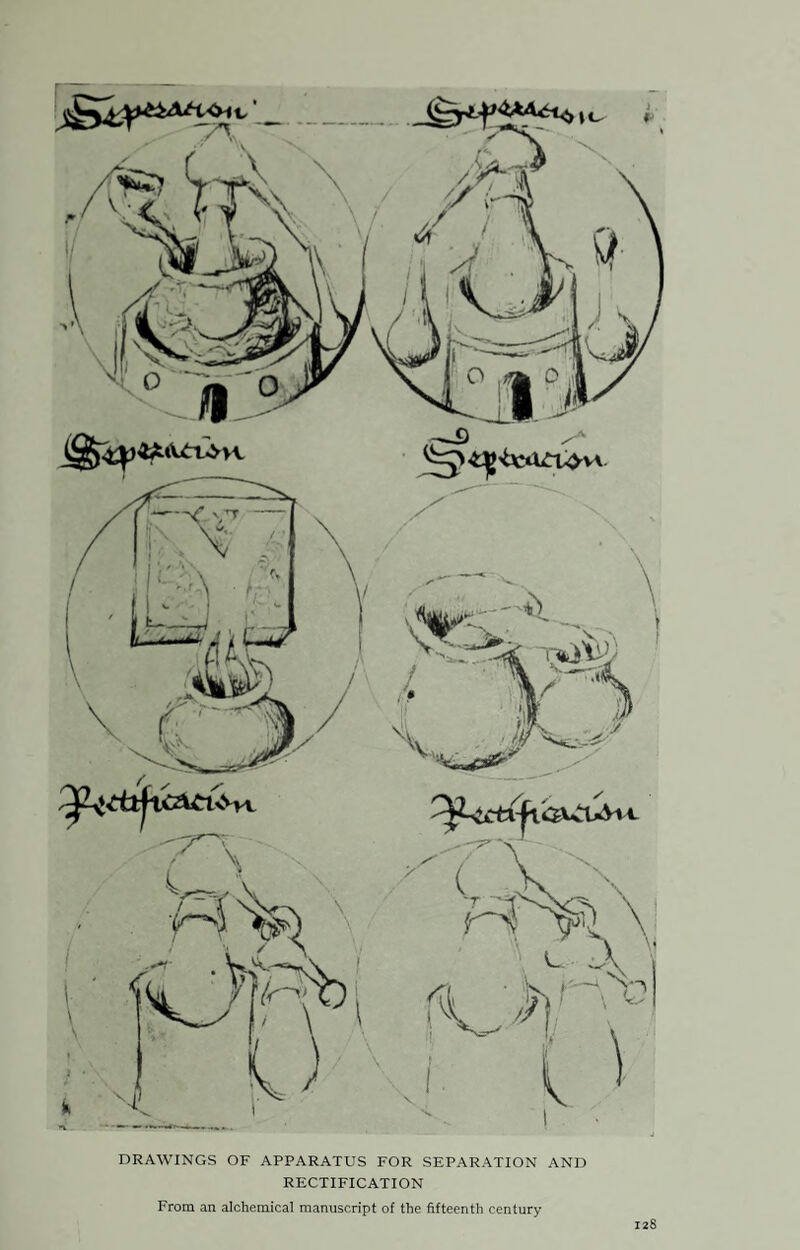 DRAWINGS OF APPARATUS FOR SEPARATION AND RECTIFICATION From an alchemical manuscript of the fifteenth century