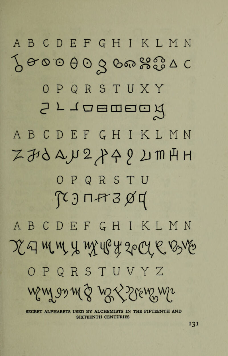 ABCDEFGHI KLMN ^©0 0 0^ Cpa C OPQRSTUXY ^ L J DBG30QW ABCDEF GH I KLMN 7-^6 AJJ2J4 ^ 2j m R h 0 P Q R S T U pc3 n-FT30c[ ABCDEF GH I KLMN xq OPQRSTUVYZ W?rev» SECRET ALPHABETS USED BY ALCHEMISTS IN THE FIFTEENTH AND SIXTEENTH CENTURIES