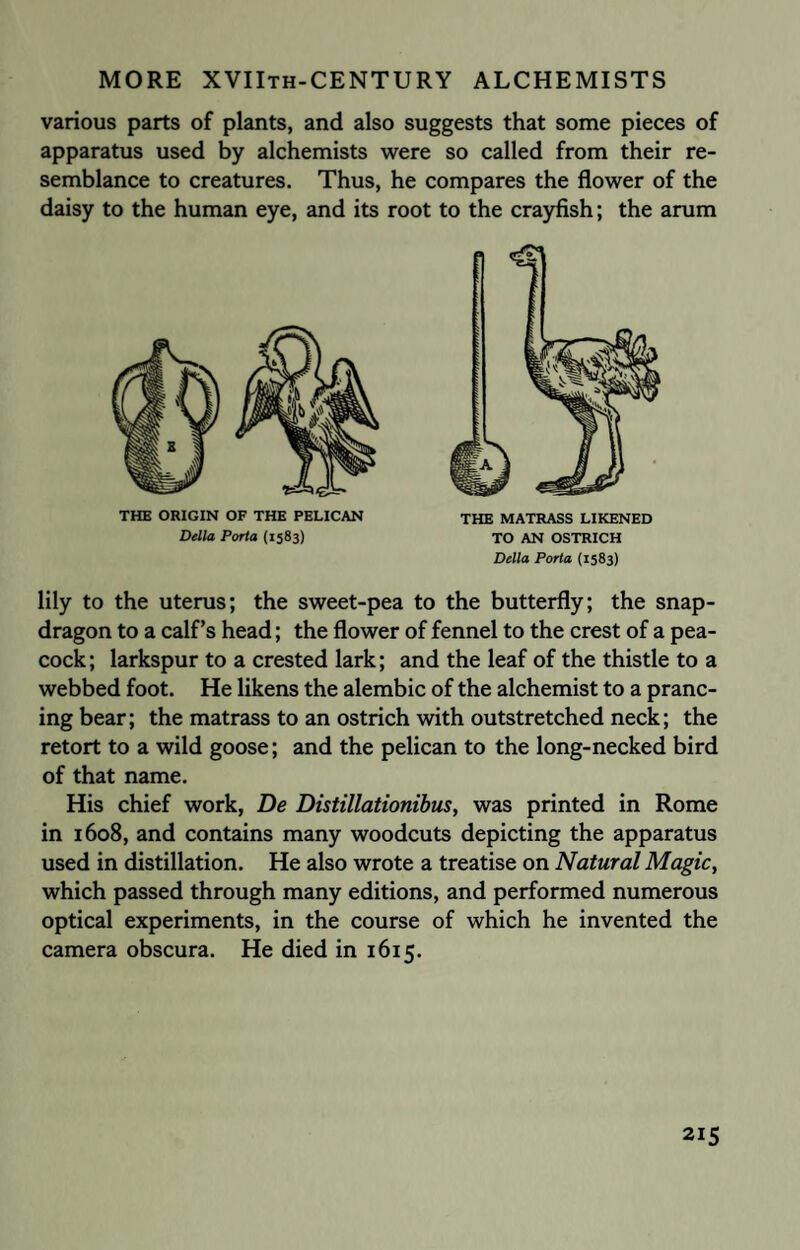 various parts of plants, and also suggests that some pieces of apparatus used by alchemists were so called from their re¬ semblance to creatures. Thus, he compares the flower of the daisy to the human eye, and its root to the crayfish; the arum THE ORIGIN OF THE PELICAN Della Porta (1583) THE MATRASS LIKENED TO AN OSTRICH Della Porta (1583) lily to the uterus; the sweet-pea to the butterfly; the snap¬ dragon to a calf’s head; the flower of fennel to the crest of a pea¬ cock; larkspur to a crested lark; and the leaf of the thistle to a webbed foot. He likens the alembic of the alchemist to a pranc¬ ing bear; the matrass to an ostrich with outstretched neck; the retort to a wild goose; and the pelican to the long-necked bird of that name. His chief work, De Distillationibus, was printed in Rome in 1608, and contains many woodcuts depicting the apparatus used in distillation. He also wrote a treatise on Natural Magic, which passed through many editions, and performed numerous optical experiments, in the course of which he invented the camera obscura. He died in 1615.