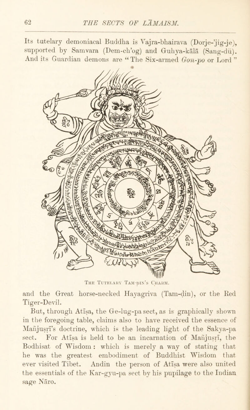 Its tutelary demoniacal Buddha is Vajra-bhairava (Dorje-’jig-je), supported by Sam vara (Dem-ch’og) and Guliya-kfda (Sang-dii). And its Guardian demons are The Six-armed Gon-po or Lord ” and the G-reat horse-necked Hayagriva (Tam-din), or the Red Tiger-Devil. But, through Atisa, the Ge-lug-pa sect, as is graphically shown in the foregoing table, claims also to have received the essence of IMahjusn’s doctrine, which is the leading light of the Sakya-pa sect. For Atisa is held to be an incarnation of MahjusrI, the Bodhisat of Wisdom : w^hich is merely a way of stating that he was the greatest embodiment of Buddhist Wisdom that ever visited Tibet. Andin the person of Atisa were also united the essentials of the Kar-gyu-pa sect by his pupilage to the Indian sage Naro.