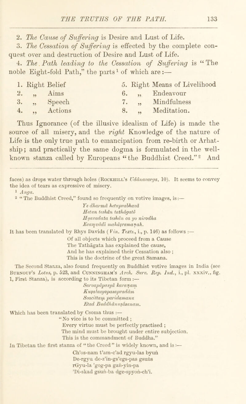2. The Cause of Suffering is Desire and Lust of Life. 3. The Cessation of Suffering is effected by the complete con¬ quest over and destruction of Desire and Lust of Life. 4. The Path leading to the Cessation of Suffering is The noble Eight-fold Path,” the parts ^ of which are :— 1. Kight Belief 5. Right Means of Livelihood 2. „ Aims 6. „ Endeavour 3. „ Speech 7. „ Mindfulness 4. ,, Actions 8. „ Meditation. Thus Ignorance (of the illusive idealism of Life) is made the source of all misery, and the right Knowledge of the nature of Life is the only true path to emancipation from re-birth or Arhat- ship; and practically the same dogma is formulated in the well- known stanza called by Europeans the Buddhist Creed.” ^ And faces) as drops water through holes (Rockhill’s Uddnavarga, 10). It seems to convey the idea of tears as expressive of misery. 1 Anga. 2 “ The Buddhist Creed,” found so frequently on votive images, is:— Ye dharmd heUipi^ahhavd Hetun teshdn tatkdgato Uyavadata teshdn ca yo nirodha Evamvddl unahdsrama'nah. It has been translated by Rhys Davids ( Vin. Texts., i., p. 146) as follows :— Of all objects which proceed from a Cause The Tathagata has explained the cause. And he has explained their Cessation also ; This is the doctrine of the great Samana. The Second Stanza, also found frequently on Buddhist votive images in India (see Burnouf’s Lotus, p. 523, and Cunningham’s Arch. Surv. Rep. hid., i., pi. xxxiv., fig. 1, First Stanza), is according to its Tibetan form :— Sarvapdpasyd karanam Kusalasyopasapraddm Svacittam paridamanu Etad Buddhdmisdsanam. Which has been translated by Csoma thus :— “No vice is to be committed ; Every virtue must be perfectly practised ; The mind must be brought under entire subjection. This is the commandment of Buddha.” In Tibetan the first stanza of “ the Creed ” is widely known, and is:— Ch’os-nam t’am-c’ad rgyu-las byun De-rgyu de-z’in-gs’egs-pas gsuns rGyu-la ’gog-pa gan-yin-pa ’Di-skad gsun-ba dge-spyoh-ch’i.