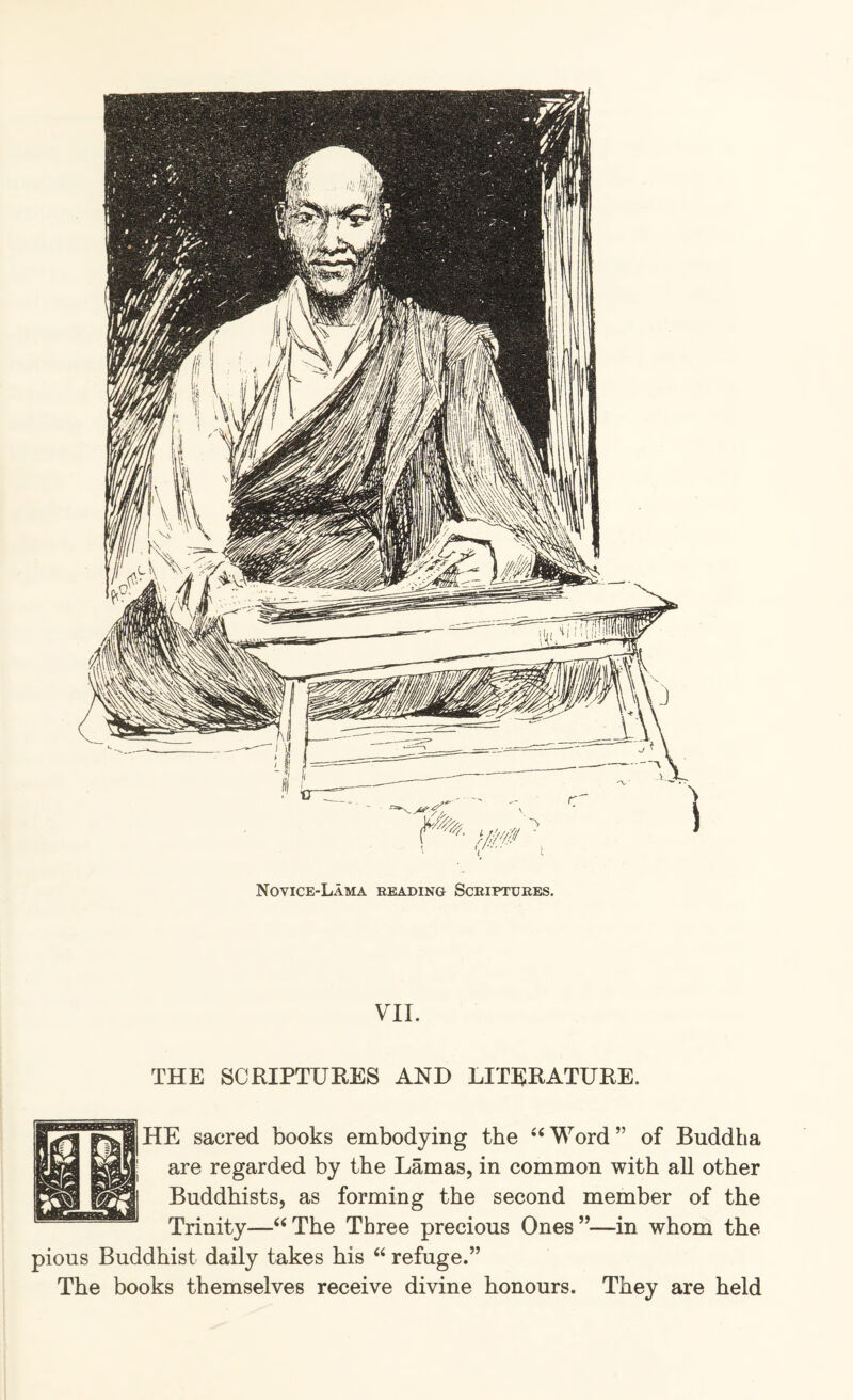 Novice-Lama reading Scriptures. VIL THE SCRIPTURES AND LITERATURE. HE sacred books embodying the ‘‘Word” of Buddha are regarded by the Lamas, in common with all other Buddhists, as forming the second member of the Trinity—‘‘The Three precious Ones”—in whom the pious Buddhist daily takes his “ refuge.” The books themselves receive divine honours. They are held