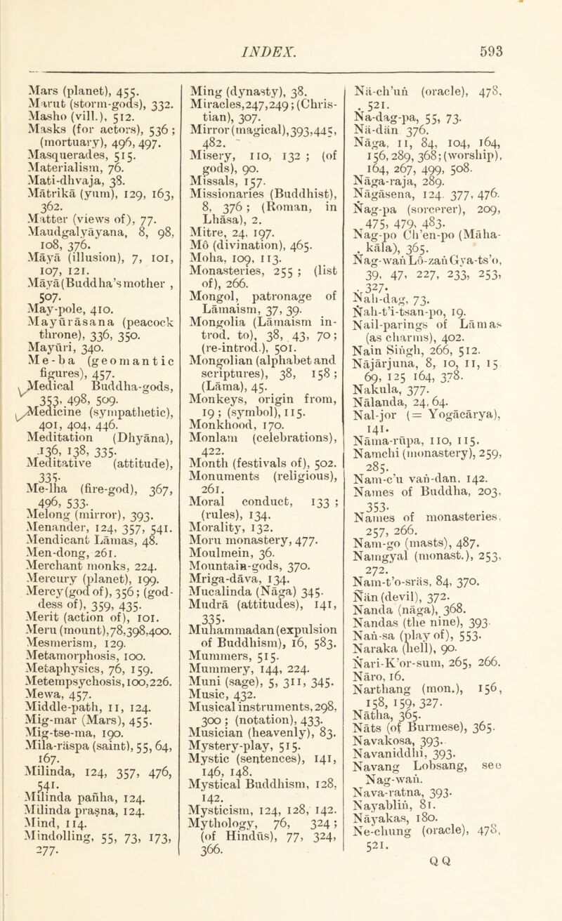 Mars (planet), 455. Marut (storm-gods), 332. Masho (vill.), 512. Masks (for actors), 536 ; (mortuary), 496, 497. Masquerades, 515, Materialism, 76. Mati-dhvaja, 38. Matrika (yum), 129, 163, 362. Matter (views of), 77. Maudgalyayana, 8, 98, 108, 376. Maya (illusion), 7, loi, 107, 121. Maya(Buddha’smother , 507. May-pole, 410. Maytirasana (peacock throne), 336, 350. Mayuri, 340. Me-ba (geomantic figures), 457. \ Medical Buddha-gods, 353, 498, 509. ^^^^edicine (sympathetic), 401, 404, 446. Meditation (Dhyana), .136, 138, 335. Meditative (attitude), ddS- Me-lha (fire-god), 367, 496, 533-. Melong (mirror), 393. Menander, 124, 357, 541. Mendicant Lamas, 48. Men-dong, 261. Merchant monks, 224. Mercury (planet), 199. Mercy (god of), 356; (god¬ dess of), 359, 435. Merit (action of), loi. Meru (mount),78,398,400. Mesmerism, 129. Metamorphosis, 100. Metaphysics, 76, 159. Metempsychosis, 100,226. Mewa, 457. Middle-path, ii, 124. Mig-mar (Mars), 455. Mig-tse-ma, 190. Mila-raspa (saint), 55,64, 167. Milinda, 124, 357, 476, 541. Milinda paiilia, 124. Milinda prasna, 124. Mind, 114. Mindolling, 55, 73, 173, 277. Ming (dynasty), 38. Miracles, 247,249; (Chris¬ tian), 307. Mirror (magical), 393,445, 482. ~ Misery, no, 132 ; (of gods), 90. Missals, 157. Missionaries (Buddhist), 8, 376; (Roman, in Lhasa), 2. Mitre, 24, 197. M6 (divination), 465. Moha, 109, 113. Monasteries, 255 ; (list of), 266. Mongol, patronage of Lamaism, 37, 39. Mongolia (Lamaism in- trod. to), 38, 43, 70; (re-introd.), 501. Mongolian (alphabet and scriptures), 38, 158; (Lama), 45. Monkeys, origin from, 19 ; (symbol), 115. Monkhood, 170. Monlam (celebrations), 422. Month (festivals of), 502. Monuments (religious), 261. Moral conduct, 133 ; (rules), 134. Morality, 132. Morn monastery, 477. Moulmein, 36. Mountain-gods, 370. Mriga-dava, 134. Mucalinda (Naga) 345. Mudra (attitudes), 141, 335- Muhammadan (expulsion of Buddhism), 16, 583. Mummers, 515. Mummery, 144, 224. Muni (sage), 5, 311, 345- Music, 432. Musical instruments, 298, 300 ; (notation), 433. Musician (heavenly), 83. Mystery-play, 515. Mystic (seritences), 141, 146, 148. Mystical Buddhism, 128, 142. Mysticism, 124, 128, 142. Mythology, 76, 324; (of Hindus), 77, 324, 366. Nji-cli’iih (oracle), 478, . 521- Na-dag-pa, 55, 73. Na-diin 376. Naga, II, 84, 104, 164, 156, 289, 368; (worship), 164, 267, 499, 508. Naga-raj a, 289. Nagasena, 124. 377, 476. Nag-pa (sorcerer), 209, 475, 479> 483. _ , Tsag-po Cii’en-po (Maha- . kala), 365. Nag-wahLo-zanGya-ts’o, 39, 47, 227, 233, 253, • 327. Nall-dag, 73. ]^ah-t’i-tsan-po, 19. Nail-parings of Lamas (as charms), 402. Nain Siiigh, 266, 512. Najarjuna, 8, 10, ii, 15 69, 125 164, 378. Nakula, 377. Nalanda, 24, 64. _ Nal-jor (= Yogacarya), 141. Nama-riipa, no, 115. Namchi (monastery), 259, 285. Nam-c’u van-dan. 142. Names of Buddha, 203, 353- , , . Names of monasteries, 257, 266. Nam-go (masts), 487. Namgyal (monast.), 253^ 272. Nam-t’o-sriis, 84, 370. Nan (devil), 372. Nanda (naga), 368. Nandas (the nine), 393. Nah-sa (play of), 553. Naraka (liell), 90. Nari-K’or-sum, 265, 266. Naro, 16. Narthang (mon.), 156, 158, 159. 327. Natha, 365. Nats (of Burmese), 365. Navakosa, 393.. Navaniddhi, 393. Navang Lobsang, see Nag-wan. Nava-ratna, 393. Nayabliii, 81. N ayakas, 180. Ne-chung (oracle), 478, 521. QQ