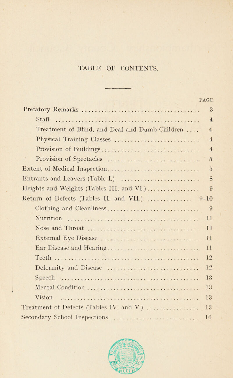 TABLE OF CONTENTS. PAGE Prefatory Remarks. 3 Staff . 4 Treatment of Blind, and Deaf and Dumb Children .... 4 Physical Training Classes . 4 Provision of Buildings. 4 Provision of Spectacles . 5 Extent of Medical Inspection. 5 Entrants and Leavers (Table I.) . 8 Heights and Weights (Tables III. and VI.). 9 Return of Defects (Tables II. and VII.) . 9-10 Clothing and Cleanliness. 9 Nutrition . 11 Nose and Throat... 11 External Eye Disease. 11 Ear Disease and Hearing. 11 Teeth. 12 Deformity and Disease . 12 Speech . 13 Mental Condition. 13 Vision . 13 Treatment of Defects (Tables IV. and V.) . 13 Secondary School Inspections . 16