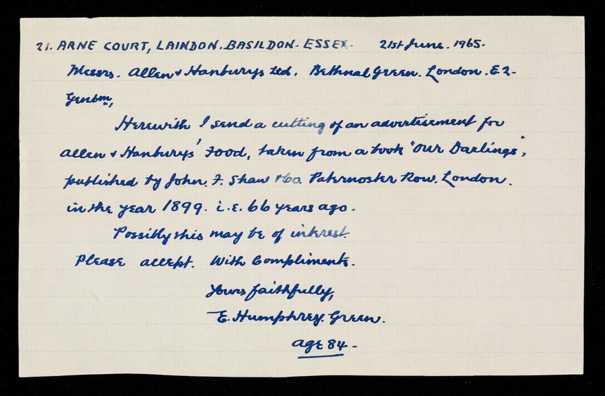 [Letter accompanying Allen & Hanburys' Food for infants, invalids, convalescents and the aged.].