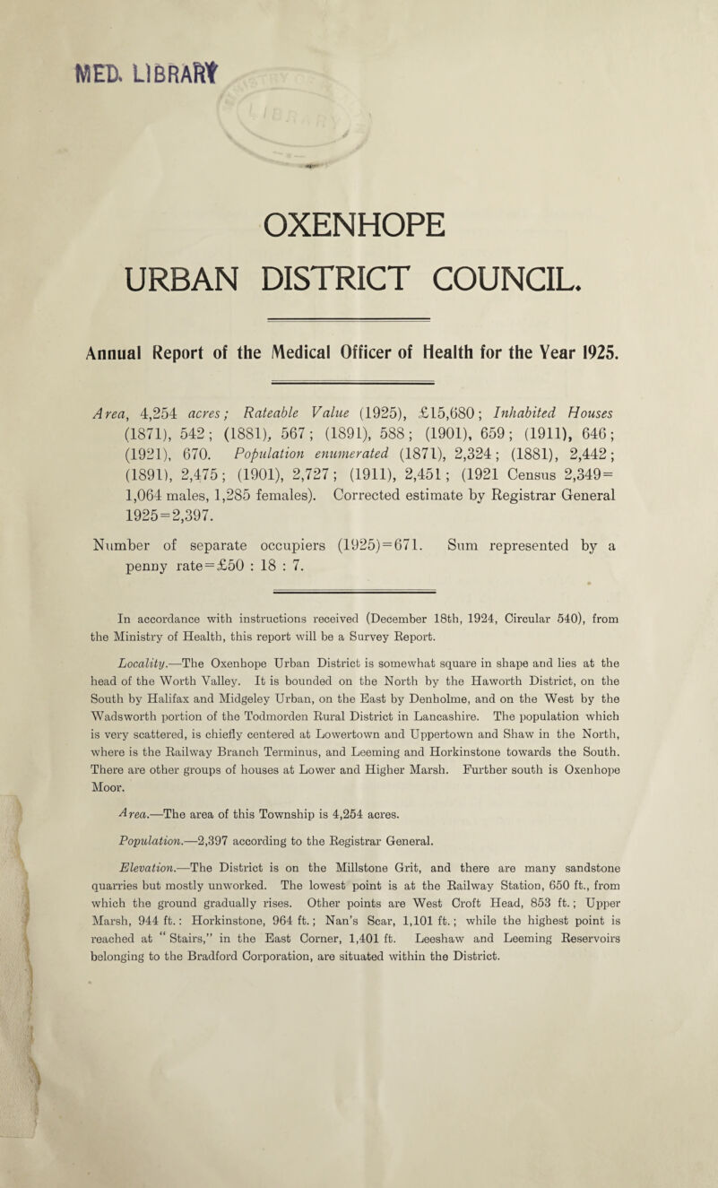 MED. LlDRARt OXENHOPE URBAN DISTRICT COUNCIL. Annual Report of the IHedical Officer of Health for the Year 1925. Area, 4,254 acres; Rateable Value (1925), £15,680; Inhabited Houses (1871), 542; (1881), 567; (1891), 588; (1901), 659; (1911), 646; (1921), 670. Population enumerated (1871), 2,324; (1881), 2,442; (1891), 2,475; (1901), 2,727; (1911), 2,451; (1921 Census 2,349 = 1,064 males, 1,285 females). Corrected estimate by Registrar General 1925 = 2,397. Number of separate occupiers (1925) = 671. Sum represented by a penny rate = £50 : 18 : 7. In accordance with instructions received (December 18th, 1924, Circular 540), from the Ministry of Health, this report will be a Survey Eeport. Locality.—The Oxenhope Urban District is somewhat square in shape and lies at the head of the Worth Valley. It is bounded on the North by the Haworth District, on the South by Halifax and Midgeley Urban, on the East by Denholme, and on the West by the Wadsworth portion of the Todmorden Rural District in Lancashire. The population which is very scattered, is chiefly centered at Lowertown and Uppertown and Shaw in the North, where is the Railway Branch Terminus, and Deeming and Horkinstone towards the South. There are other groups of houses at Lower and Higher Marsh. Further south is Oxenhope Moor. Area.—The area of this Township is 4,254 acres. Population.—2,397 according to the Registrar General. Elevation.—The District is on the Millstone Grit, and there are many sandstone quarries but mostly unwmrked. The lowest point is at the Railway Station, 650 ft., from which the ground gradually rises. Other points are West Croft Head, 853 ft.; Upper Marsh, 944 ft.: Horkinstone, 964 ft.; Nan’s Scar, 1,101ft.; while the highest point is reached at “ Stairs,” in the East Corner, 1,401 ft. Leeshaw and Deeming Reservoirs belonging to the Bradford Corporation, are situated within the District.