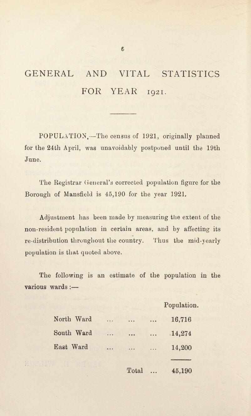 GENERAL AND VITAL STATISTICS FOR YEAR 1921. POPULATION,-—The census of 1921, originally planned for the 24th April, was unavoidably postponed until the 19th June. The Registrar General's corrected population figure for the Borough of Mansfield is 45,190 for the year 1921, Adjustment has been made by measuring the extent of the non-resident population in certain areas, and by affecting its re-distribution throughout the country. Thus the mid-yearly population is that quoted above. The following is an estimate of the population in the various wards North Ward South Ward East Ward Population. 16,716 .14,274 14,200 Total ... 45,190