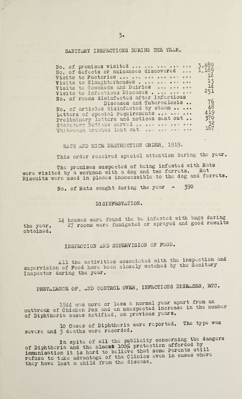 3- SANITARY INSPECTIONS DURING THE YEAR* NOo of premises visited Oo» coo ®°o <> ■> ® o?o KOo of defects or nuisances discovered 00. Visits to Factories oeo 0o0 ° <>« COo 0®« Visits to Slaughterhouses „ O0o Oco . o»e Visits to Cowsheds and Dairies ooa 0°0 °°° Visits to Infectious Diseases e O°o eoo ooo No, of rooms disinfected after Infectious Diseases and Tuberculosis .0 No. of articles disinfected by steam ,. Letters of special requirements . 0<> o»-> o»® Preliminary letters and notices sent out .« Statutory Notices served 00 a c o o ® o O0o ® c ® Wh It eyas.a brushes lent out ooo ooo «° o 3,489 1,189 12 13 14 251 RATS AND MICE DESTRUCTION ORDER, 1919o This order received special attention during the year< The premises suspected of being infested with Rats wore visited by a workman with a dog and two ferrets, R&t Biscuits were used in places inaccessible to the dog ana ferr^ s No. of Rats caught during the year - 390 DISINFESTATION. the year* obtained. 1A houses were found the be infested with bugs during 27 rooms were fumigated or sprayed and good results INSPECTION AND SUPERVISION OF FOOD. All the activities associated with the inspection and supervision of Food have been closely watched by the ^ni a y Inspector during the year. PREVALENCE OF, aND CONTROL OVER, INFECTIOUS DISEASES, ETC 1944 was more or less a normal year apart from an outbreak of Chicken Pox and an unexpected increase m ^ of Diphtheria cases notified, on previous years. 10 Gases of Diphtheria were reported. The type was severe and 3 deaths were recorded, in spite of all the publicity concerning the dangers of Diphtheria and the almosfc 100$ protection ^ont^still immunisation it is hard to believe that some Parents atill refuso to take advantage of the Clinics cv^n m they have lost a child from the disease.