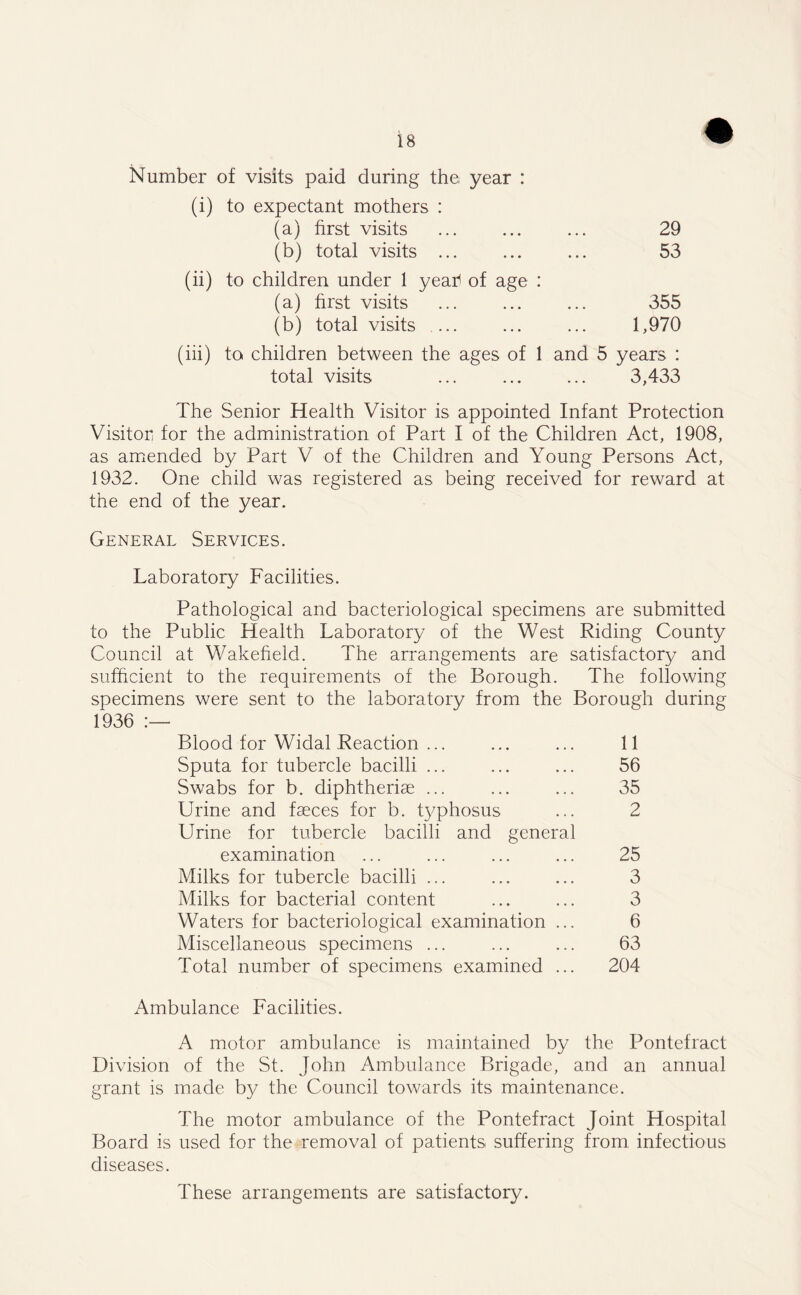 Number of visits paid during the, year : (i) to expectant mothers : (a) first visits 29 (b) total visits . 53 (ii) to children under 1 yeatf of age : (a) first visits 355 (b) total visits ... 1,970 iii) to children between the ages of 1 and 5 years : total visits 3,433 The Senior Health Visitor is appointed Infant Protection Visitor for the administration of Part I of the Children Act, 1908, as amended by Part V of the Children and Young Persons Act, 1932. One child was registered as being received for reward at the end of the year. General Services. Laboratory Facilities. Pathological and bacteriological specimens are submitted to the Public Health Laboratory of the West Riding County Council at Wakefield. The arrangements are satisfactory and sufficient to the requirements of the Borough. The following specimens were sent to the laboratory from the Borough during 1936 :—• Blood for Widal Reaction ... ... ... 11 Sputa for tubercle bacilli ... ... ... 56 Swabs for b. diphtheriae ... ... ... 35 Urine and faeces for b. typhosus ... 2 Urine for tubercle bacilli and general examination ... ... ... ... 25 Milks for tubercle bacilli ... ... ... 3 Milks for bacterial content ... ... 3 Waters for bacteriological examination ... 6 Miscellaneous specimens ... ... ... 63 Total number of specimens examined ... 204 Ambulance Facilities. A motor ambulance is maintained by the Pontefract Division of the St. John Ambulance Brigade, and an annual grant is made by the Council towards its maintenance. The motor ambulance of the Pontefract Joint Hospital Board is used for the removal of patients suffering from infectious diseases. These arrangements are satisfactory.