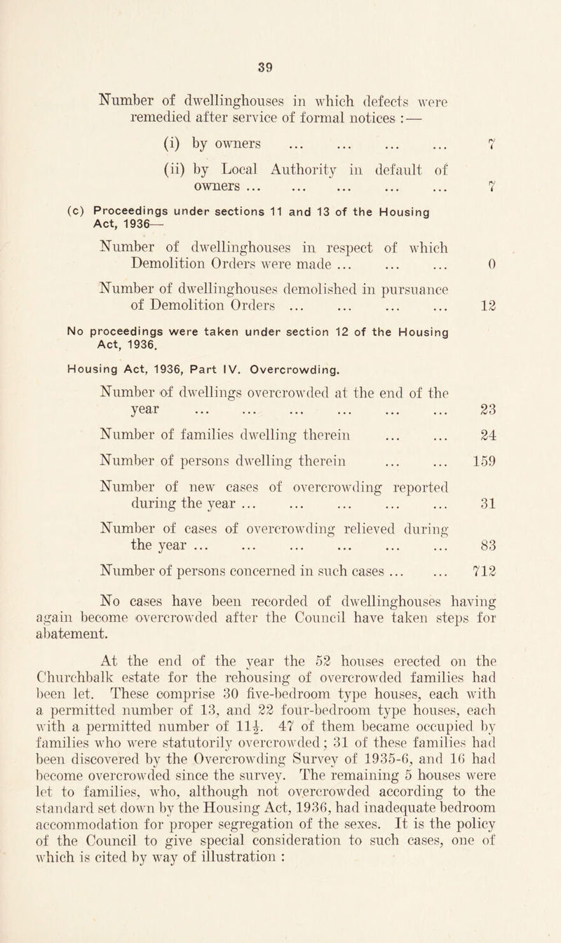 Number of dwellinghouses in which defects were remedied after service of formal notices : — (i) by owners . 7 (ii) by Local Authority in default of owners. 7 (c) Proceedings under sections 11 and 13 of the Housing Act, 1936— Number of dwellinghouses in respect of which Demolition Orders were made ... ... ... 0 Number of dwellinghouses demolished in pursuance of Demolition Orders ... ... ... ... 12 No proceedings were taken under section 12 of the Housing Act, 1936. Housing Act, 1936, Part IV. Overcrowding. Number of dwellings overcrowded at the end of the year ... ... ... ... ... ... 23 Number of families dwelling therein ... ... 24 Number of persons dwelling therein ... ... 159 Number of new cases of overcrowding reported during the year ... ... ... ... ... 31 Number of cases of overcrowding relieved during the year ... ... ... ... ... ... 83 Number of persons concerned in such cases. 712 No cases have been recorded of dwellinghouses having again become overcrowded after the Council have taken steps for abatement. At the end of the year the 52 houses erected on the Churchbalk estate for the rehousing of overcrowded families had been let. These comprise 30 five-bedroom type houses, each with a permitted number of 13, and 22 four-bedroom type houses, each with a permitted number of 11^. 47 of them became occupied by families who were statutorily overcrowded; 31 of these families had been discovered by the Overcrowding Survey of 1935-6, and 16 had become overcrowded since the survey. The remaining 5 houses were let to families, who, although not overcrowded according to the standard set down by the Housing Act, 1936, had inadequate bedroom accommodation for proper segregation of the sexes. It is the policy of the Council to give special consideration to such cases, one of which is cited by way of illustration :