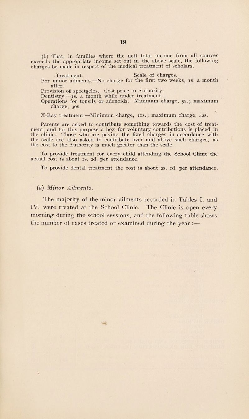 (b) That, in families where the nett total income from all sources exceeds the appropriate income set out in the above scale, the following charges be made in respect of the medical treatment of scholars. Treatment. Scale of charges. For minor ailments.—No charge for the first two weeks, is. a month after. Provision of spectacles.—Cost price to Authority. Dentistry.—-is. a month while under treatment. Operations for tonsils or adenoids.—Minimum charge, 5s.; maximum charge, 30s. A, X-Ray treatment.—Minimum charge, 10s.; maximum charge, 42s. Parents are asked to contribute something towards the cost of treat¬ ment, and for this purpose a box for voluntary contributions is placed in the clinic. Those who are paying the fixed charges in accordance with the scale are also asked to contribute over and above such charges, as the cost to the Authority is much greater than the scale. To provide treatment for every child attending the School Clinic the actual cost is about is. 2d. per attendance. To provide dental treatment the cost is about 2s. id. per attendance. (a) Minor Ailments. The majority of the minor ailments recorded in Tables I. and IV. were treated at the School Clinic. The Clinic is open every morning- during- the school sessions, and the following- table shows the number of cases treated or examined during the year :—