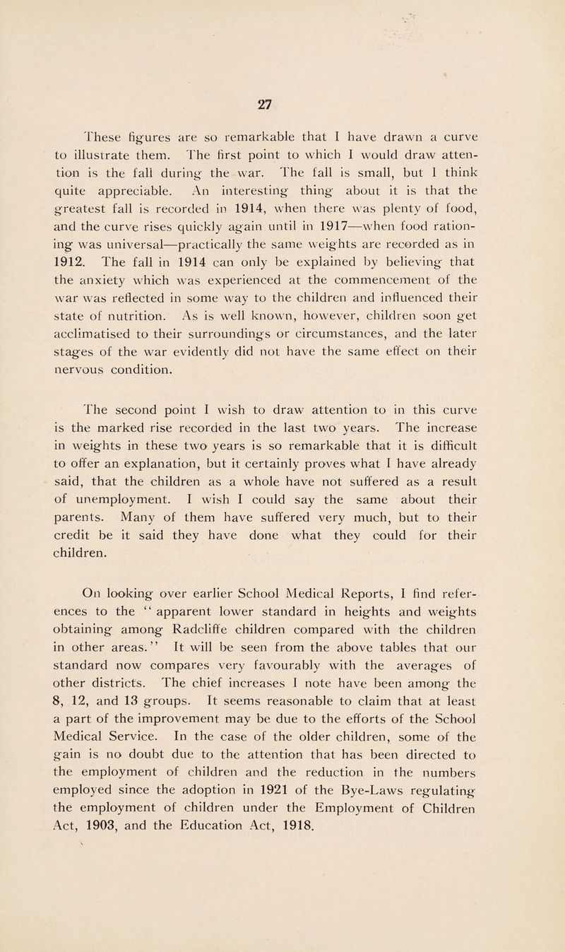 These figures are so remarkable that I have drawn a curve to illustrate them. The first point to which I would draw atten¬ tion is the fall during the war. The fall is small, but I think quite appreciable. An interesting thing about it is that the greatest fall is recorded in 1914, when there was plenty of food, and the curve rises quickly again until in 1917—when food ration¬ ing was universal—practically the same weights are recorded as in 1912. The fall in 1914 can only be explained by believing that the anxiety which was experienced at the commencement of the war was reflected in some way to the children and influenced their state of nutrition. As is well known, however, children soon get acclimatised to their surroundings or circumstances, and the later stages of the war evidently did not have the same effect on their nervous condition. The second point I wish to draw attention to in this curve is the marked rise recorded in the last two years. The increase in weights in these two years is so remarkable that it is difficult to offer an explanation, but it certainly proves what 1 have already said, that the children as a whole have not suffered as a result of unemployment. I wish I could say the same about their parents. Many of them have suffered very much, but to their credit be it said they have done what they could for their children. On looking over earlier School Medical Reports, I find refer¬ ences to the “ apparent lower standard in heights and weights obtaining among Radcliffe children compared with the children in other areas.'5 It will be seen from the above tables that our standard now compares very favourably with the averages of other districts. The chief increases I note have been among the 8, 12, and 13 groups. It seems reasonable to claim that at least a part of the improvement may be due to the efforts of the School Medical Service. In the case of the older children, some of the gain is no doubt due to the attention that has been directed to the employment of children and the reduction in the numbers employed since the adoption in 1921 of the Bye-Laws regulating the employment of children under the Employment of Children Act, 1903, and the Education Act, 1918.