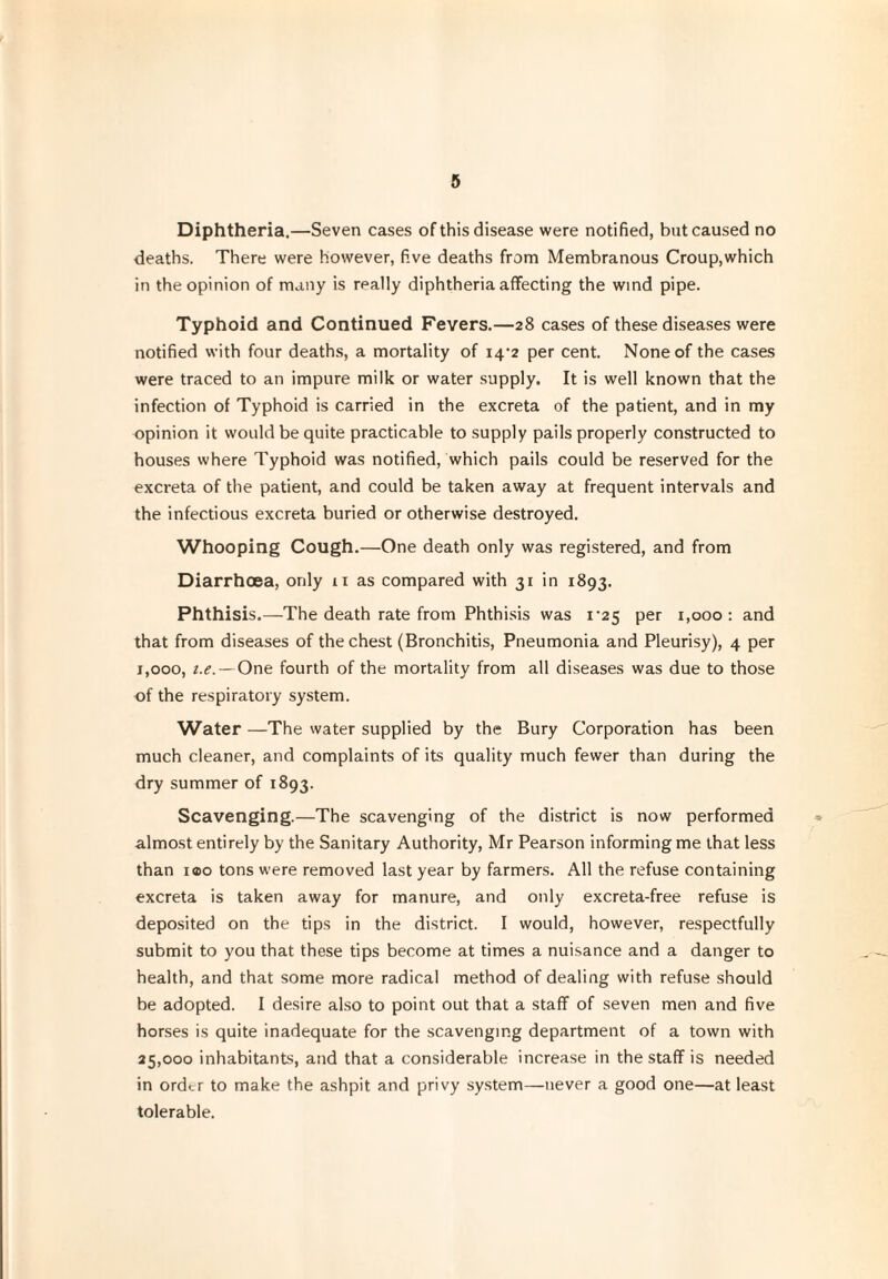 5 Diphtheria.—Seven cases of this disease were notified, but caused no deaths. There were however, five deaths from Membranous Croup,which in the opinion of many is really diphtheria affecting the wind pipe. Typhoid and Continued Fevers.—28 cases of these diseases were notified with four deaths, a mortality of 14-2 per cent. None of the cases were traced to an impure milk or water supply. It is well known that the infection of Typhoid is carried in the excreta of the patient, and in my opinion it would be quite practicable to supply pails properly constructed to houses where Typhoid was notified, which pails could be reserved for the exci-eta of the patient, and could be taken away at frequent intervals and the infectious excreta buried or otherwise destroyed. Whooping Cough.—One death only was registered, and from Diarrhoea, only 11 as compared with 31 in 1893. Phthisis.—The death rate from Phthisis was i'2 5 per 1,000 : and that from diseases of the chest (Bronchitis, Pneumonia and Pleurisy), 4 per 1,000, i.e. — One fourth of the mortality from all diseases was due to those of the respiratory system. Water —The water supplied by the Bury Corporation has been much cleaner, and complaints of its quality much fewer than during the dry summer of 1893. Scavenging.—The scavenging of the district is now performed almost entirely by the Sanitary Authority, Mr Pearson informing me that less than i®o tons were removed last year by farmers. All the refuse containing excreta is taken away for manure, and only excreta-free refuse is deposited on the tips in the district. I would, however, respectfully submit to you that these tips become at times a nuisance and a danger to health, and that some more radical method of dealing with refuse should be adopted. I desire also to point out that a staff of seven men and five horses is quite inadequate for the scavenging department of a town with 25,000 inhabitants, and that a considerable increase in the staff is needed in order to make the ashpit and privy system—never a good one—at least tolerable.