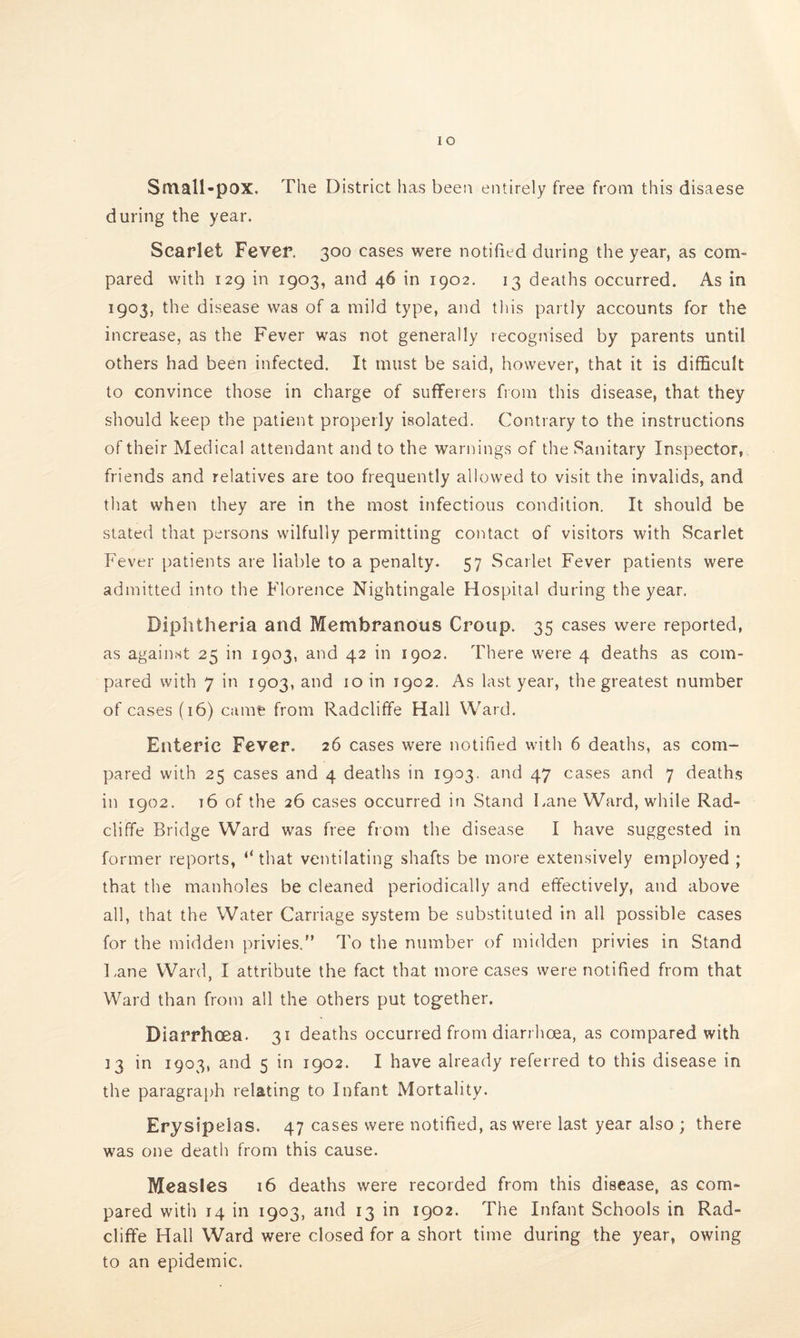 IO Small-pox. The District has been entirely free from this disaese during the year. Scarlet Fever. 300 cases were notified during the year, as com¬ pared with 129 in 1903, and 46 in 1902. 13 deaths occurred. As in 1903, the disease was of a mild type, and this partly accounts for the increase, as the Fever was not generally recognised by parents until others had been infected. It must be said, however, that it is difficult to convince those in charge of sufferers from this disease, that they should keep the patient properly isolated. Contrary to the instructions of their Medical attendant and to the warnings of the Sanitary Inspector, friends and relatives are too frequently allowed to visit the invalids, and that when they are in the most infectious condition. It should be stated that persons wilfully permitting contact of visitors with Scarlet Fever patients are liable to a penalty. 57 Scarlet Fever patients were admitted into the Florence Nightingale Hospital during the year. Diphtheria and Membranous Croup. 35 cases were reported, as against 25 in 1903, and 42 in 1902. There were 4 deaths as com¬ pared with 7 in 1903, and 10 in 1902. As last year, the greatest number of cases (16) came from Radcliffe Hall Ward. Enteric Fever. 26 cases were notified with 6 deaths, as com¬ pared with 25 cases and 4 deaths in 1903. and 47 cases and 7 deaths in 1902. 16 of the 26 cases occurred in Stand Lane Ward, while Rad¬ cliffe Bridge Ward was free from the disease I have suggested in former reports, ‘‘that ventilating shafts be more extensively employed ; that the manholes be cleaned periodically and effectively, and above all, that the Water Carriage system be substituted in all possible cases for the midden privies.” To the number of midden privies in Stand Lane Ward, I attribute the fact that more cases were notified from that Ward than from all the others put together. Diarrhoea. 31 deaths occurred from diarrhoea, as compared with 13 in 1903, and 5 in 1902. I have already referred to this disease in the paragraph relating to Infant Mortality. Erysipelas. 47 cases were notified, as were last year also ; there was one death from this cause. Measles 16 deaths were recorded from this disease, as com¬ pared with 14 in 1903, and 13 in 1902. The Infant Schools in Rad¬ cliffe Hall Ward were closed for a short time during the year, owing to an epidemic.