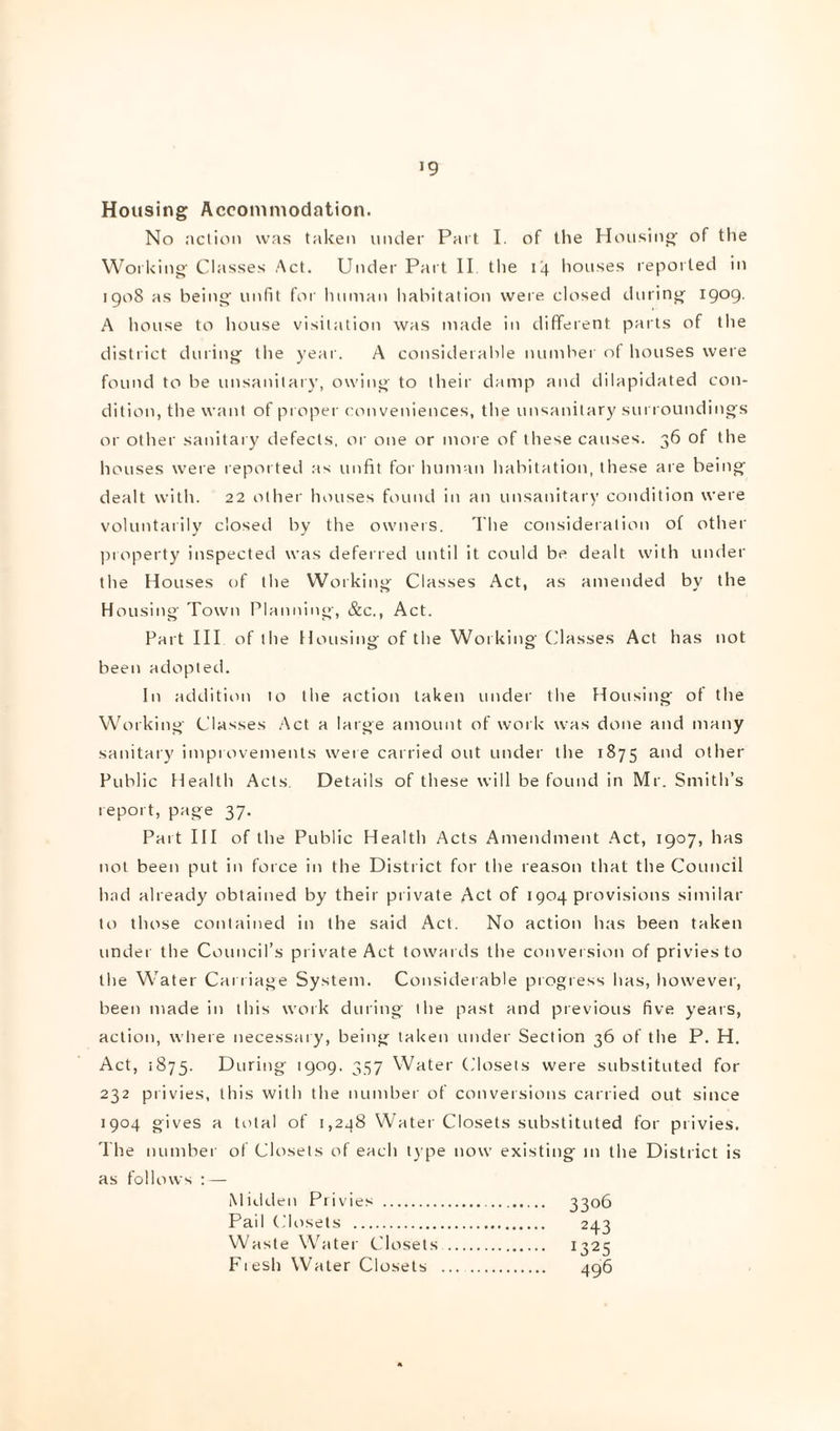 Housing Accommodation. No action was taken under Part I. of tlie Housing of the Working Classes Act. Under Part II. tlie 14 liouses reported in igo8 as being unfit for liuman liahitation were closed during igog. A house to house visitation was made in different parts of tlie district during the year. A considerable number of houses were found to be unsanitary, owing to their damp and dilapidated con¬ dition, the want of proper conveniences, the unsanitary surroundings or other sanitary defects, or one or more of these causes. 36 of the houses were repot ted as unfit for human habitation, these are being dealt with. 22 other houses found in an unsanitary condition were voluntaiily closed by the owneis. The consideration of other ]uoperty inspected was deferred until it could be dealt with under the Houses of the Working Classes Act, as amended by the Housing Town Planning, &c.. Act. Part HI of the Housing of the Working (fiasses Act has not been adopted. In addition to the action taken under the Housing of the Working Classes Act a large amount of woi k was done and many sanitary improvements weie carried out under the 1875 and other Public Health Acts. Details of these will be found in Mr. Smith’s report, page 37. Part HI of the Public Health Acts Amendment Act, igoy, has not been put in force in the Disti ict for the reason that the Council had already obtained by their private Act of 1904 provisions similar to those contained in the said Act. No action has been taken under the Council’s private Act towards the convei sion of privies to the Water Cai riage System. Considerable progiess has, however, been made in this work during the past and previous five yeais, action, wliere necessary, being taken under Section 36 of the P. H. Act, 1875. During 1909. 357 Water (,’loset.s were substituted for 232 piivies, this with the number of conversions carried out since 1904 gives a total of 1,298 Water Closets substituted for privies. The numbei of Closets of each type now existing m the District is as follows ; — Mirlden Piivies . Pail (.'losets . Waste Water Closets Piesh Water Closets 3306 243 1325 496